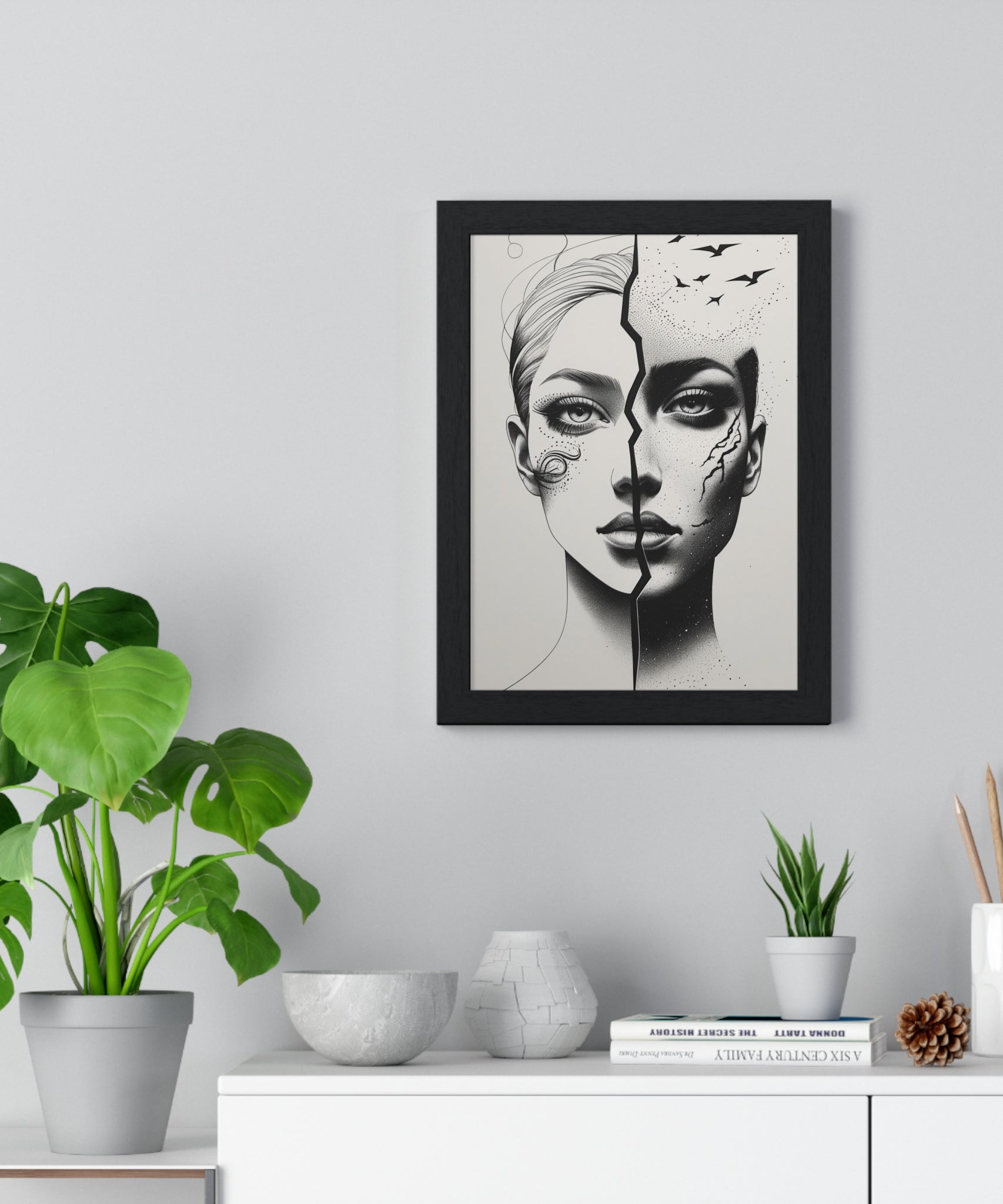 Vertical Framed Poster, Artistic Split Face Poster, Abstract Wall Art, Modern Home Decor, Unique Gift for Art Lovers, Stylish Room - Gallory Hive