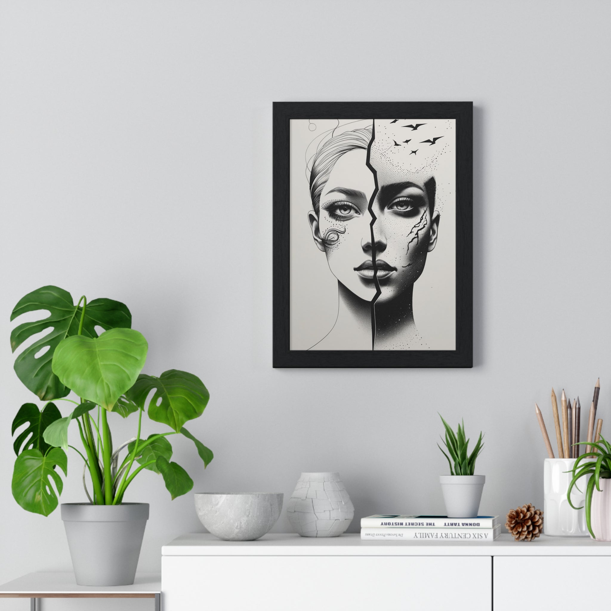 Vertical Framed Poster, Artistic Split Face Poster, Abstract Wall Art, Modern Home Decor, Unique Gift for Art Lovers, Stylish Room