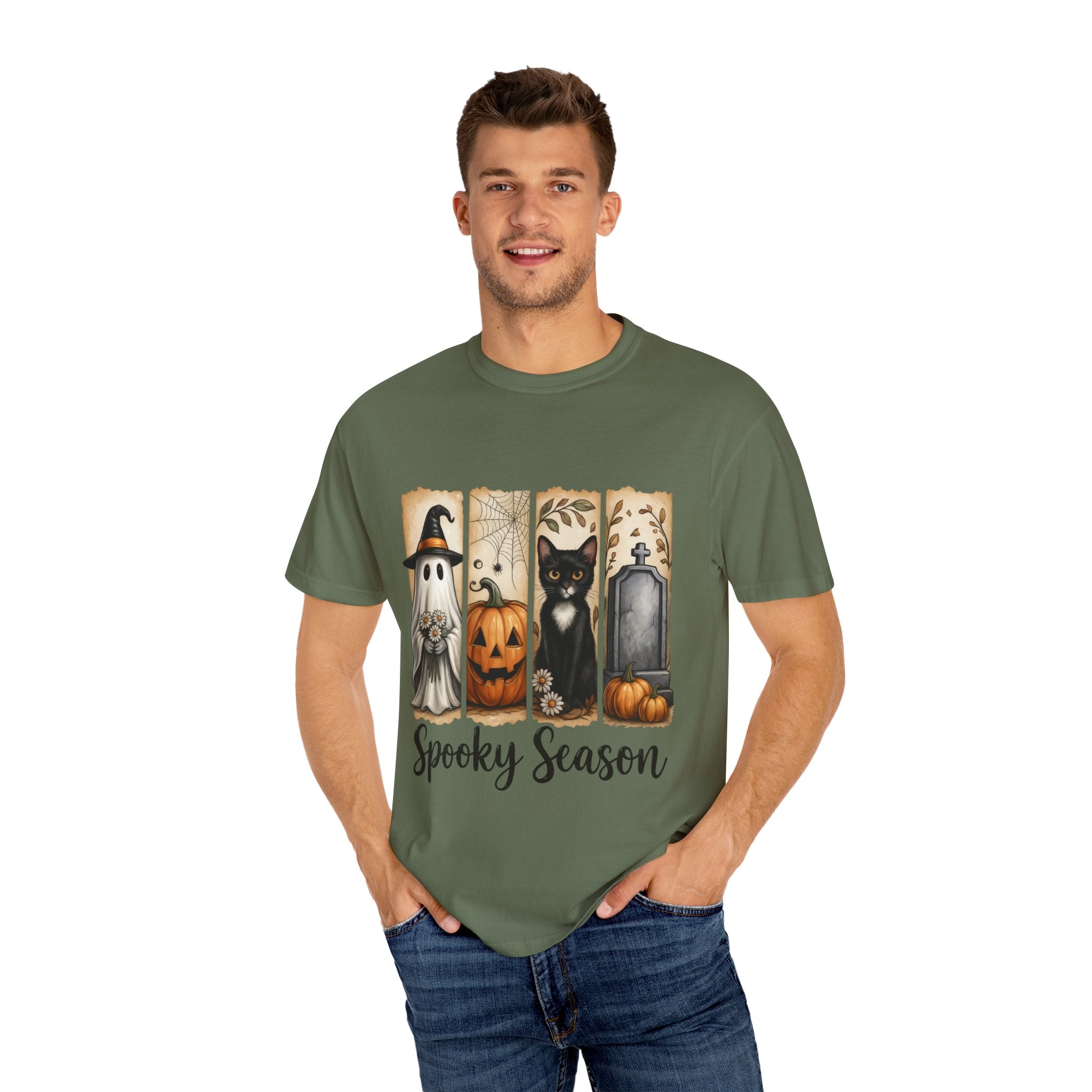 Spooky Season Halloween Unisex T-Shirt – Ghost, Cat & Pumpkin Design