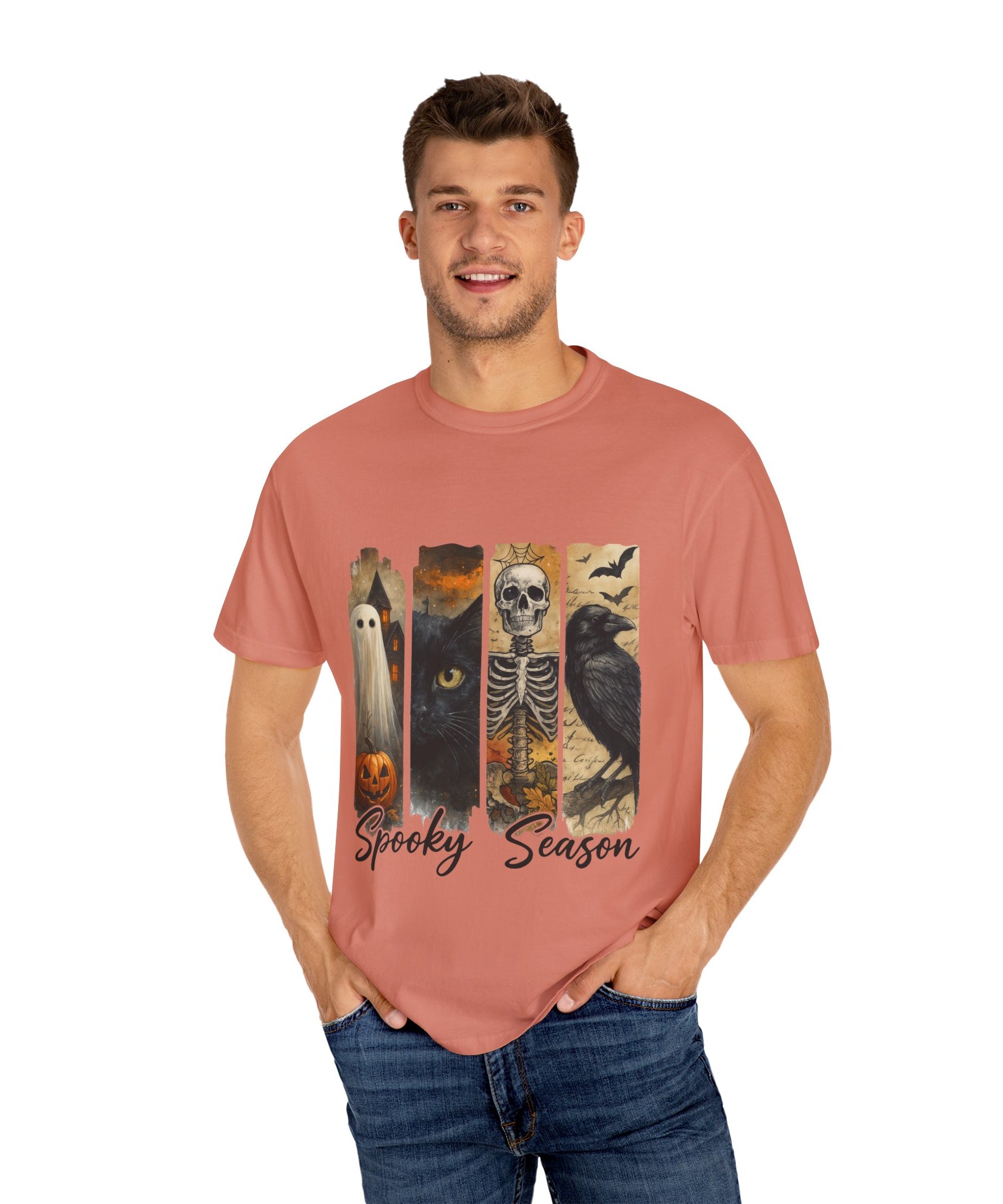 Spooky Season Gothic Halloween T-Shirt – Ghost, Black Cat, Skeleton & Raven Design - Gallory Hive