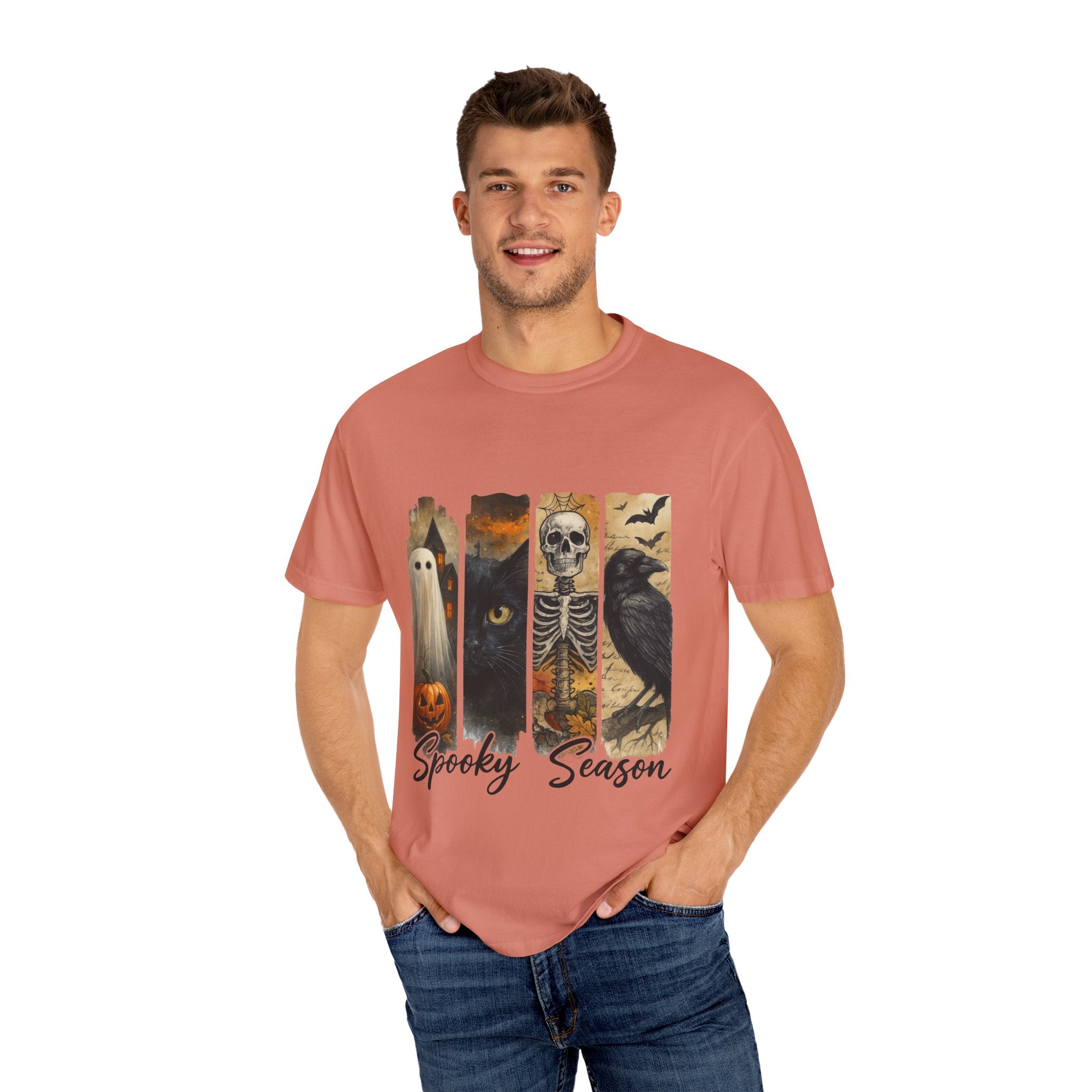 Spooky Season Gothic Halloween T-Shirt – Ghost, Black Cat, Skeleton & Raven Design