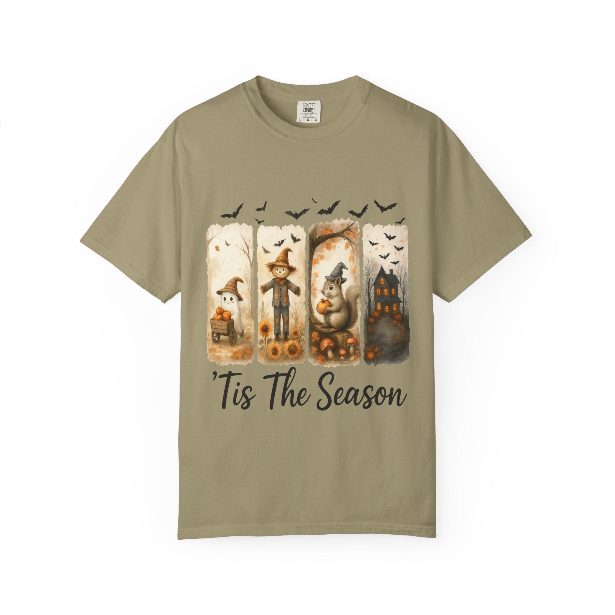Tis The Season Fall Halloween T-Shirt – Cute Ghost, Scarecrow, Squirrel & Haunted House Design