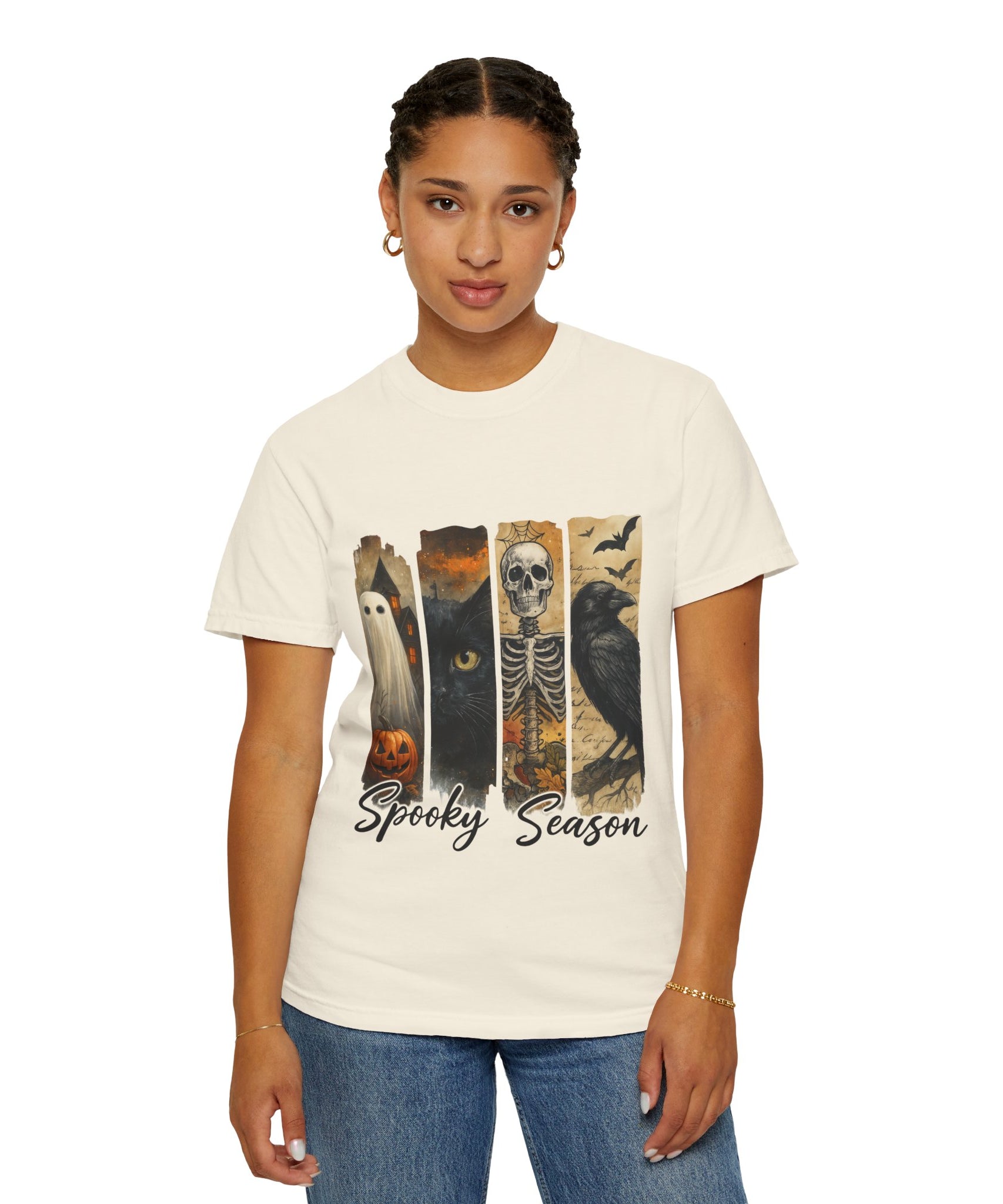 Spooky Season Gothic Halloween T-Shirt – Ghost, Black Cat, Skeleton & Raven Design - Gallory Hive