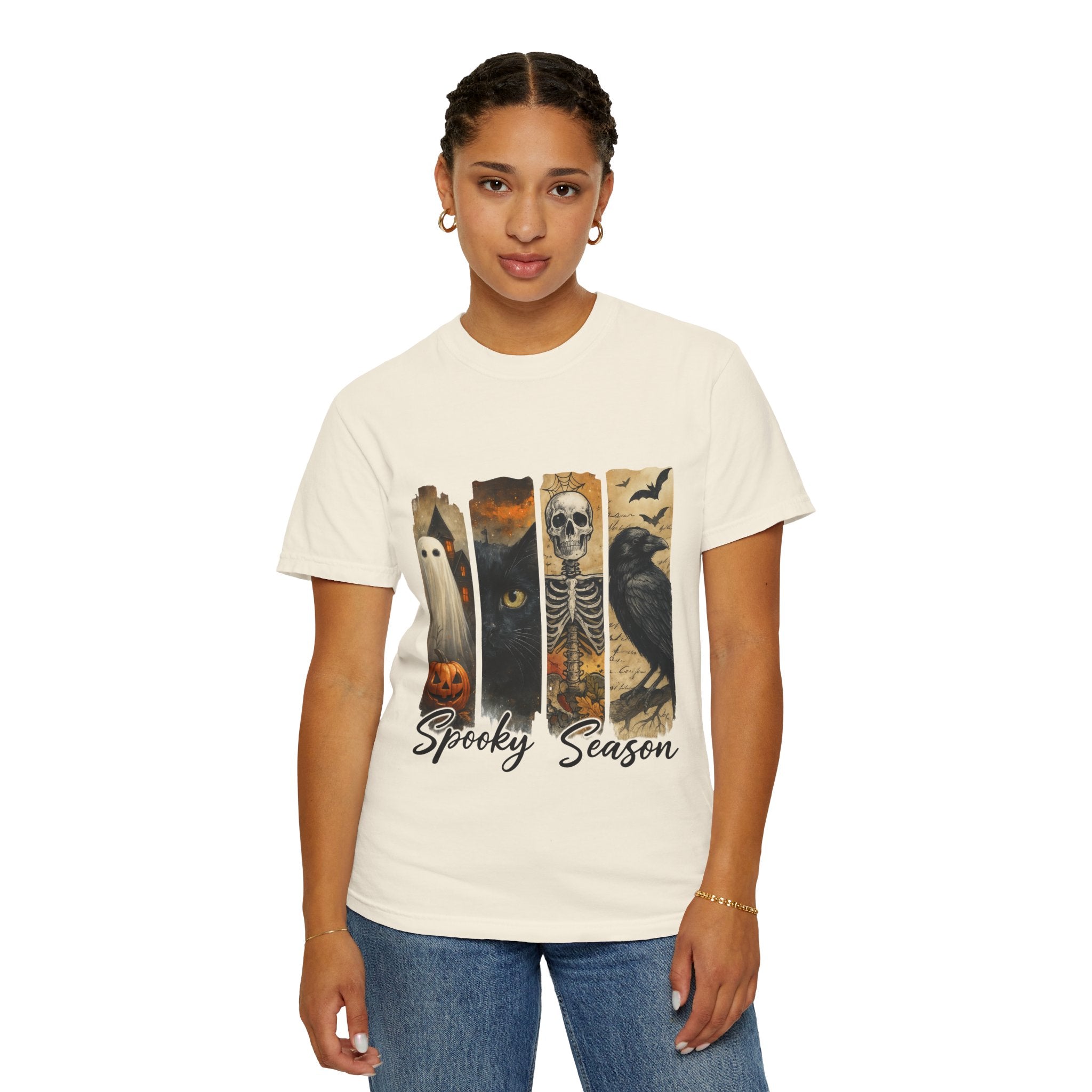 Spooky Season Gothic Halloween T-Shirt – Ghost, Black Cat, Skeleton & Raven Design