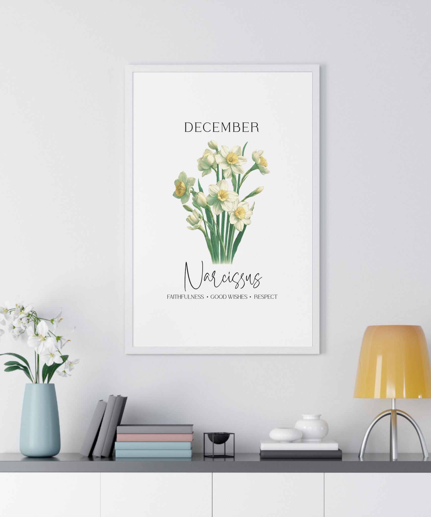 December Birth Month Flower Wall Art – Narcissus Illustration in Wooden Frame | Faithfulness, Good Wishes & Respect