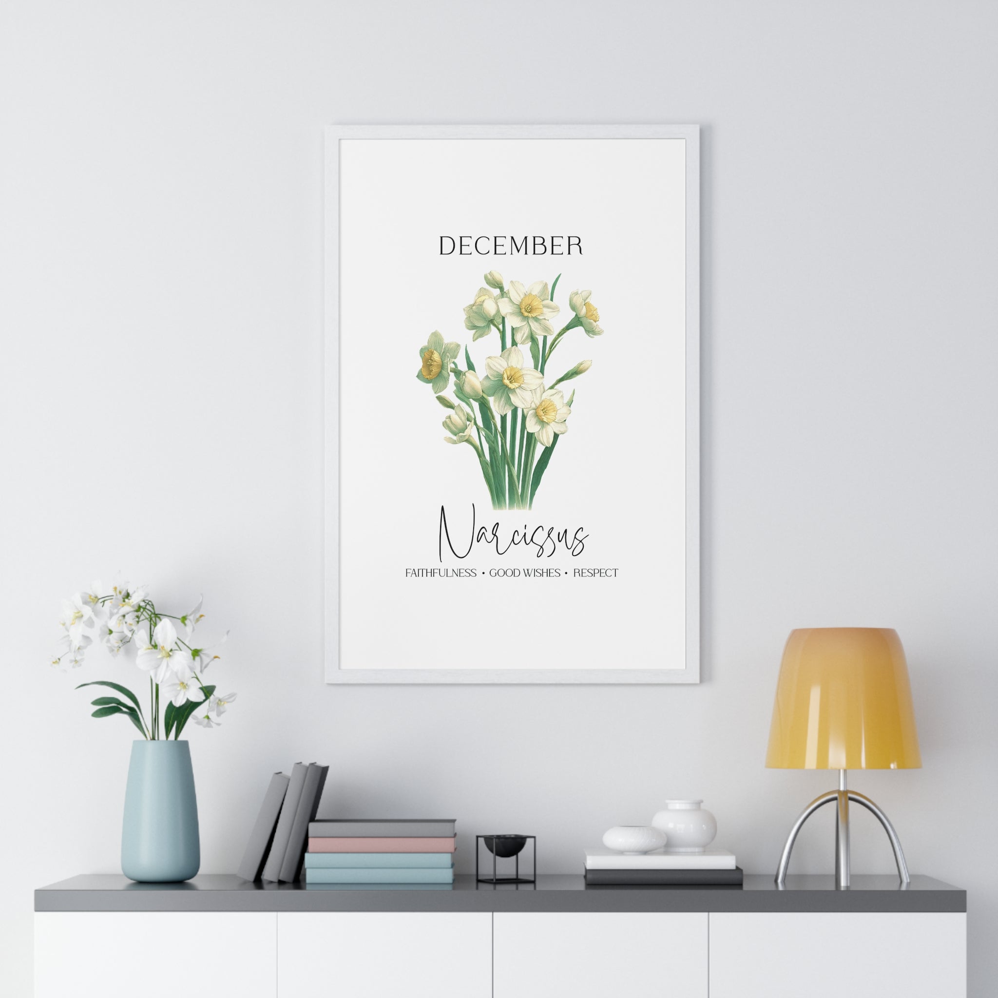 December Birth Month Flower Wall Art – Narcissus Illustration in Wooden Frame | Faithfulness, Good Wishes & Respect