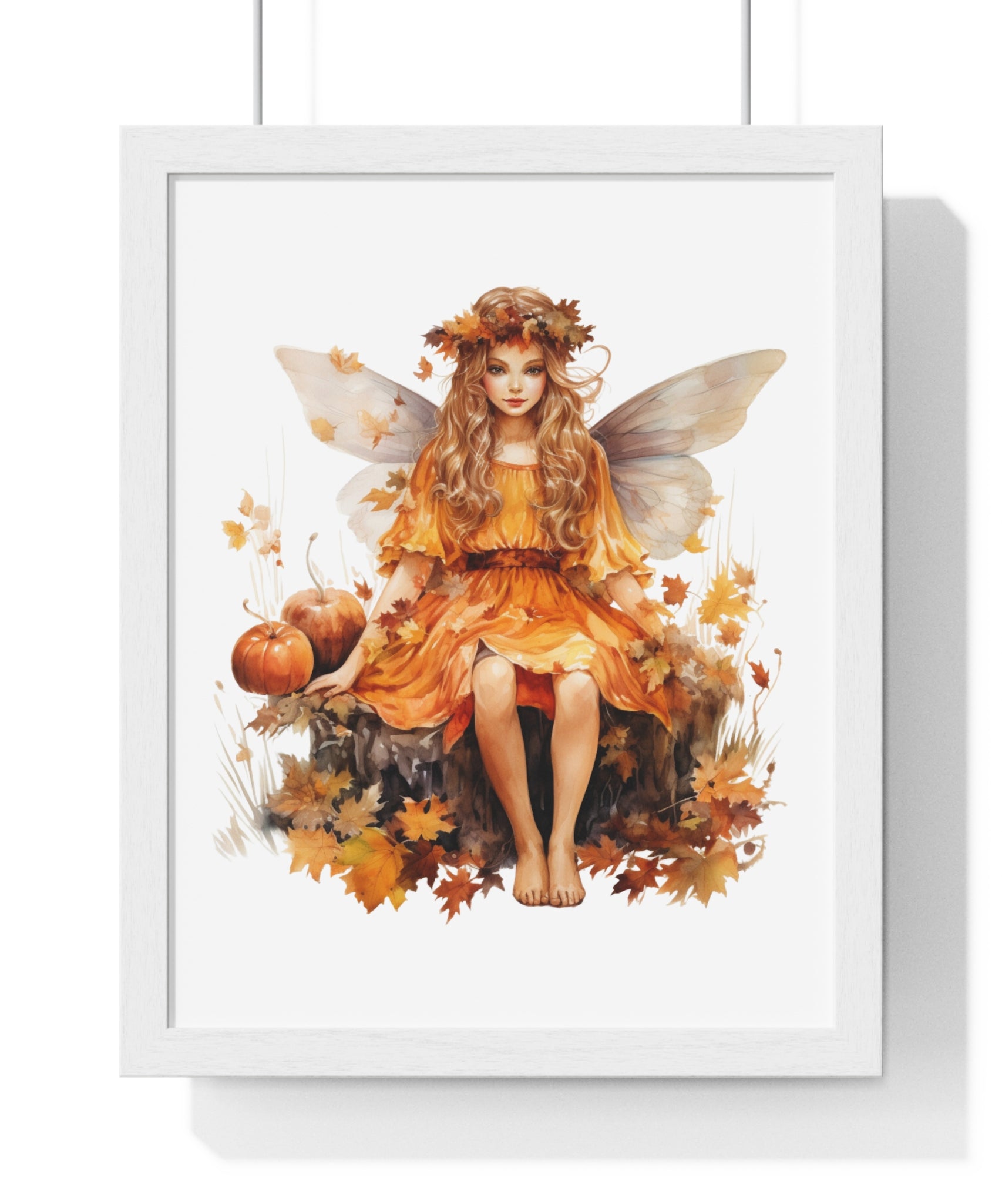 Fall Fairy Wall Art – Orange Dress Woodland Fairy with Pumpkins | Wooden Frame Poster for Autumn Home Decor