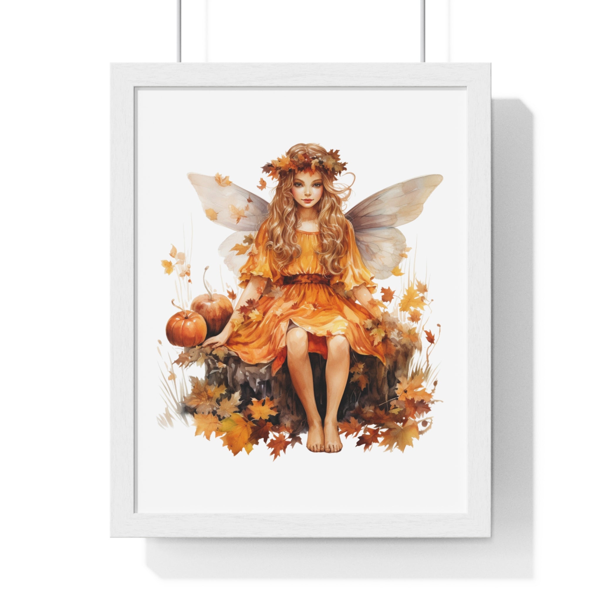 Fall Fairy Wall Art – Orange Dress Woodland Fairy with Pumpkins | Wooden Frame Poster for Autumn Home Decor