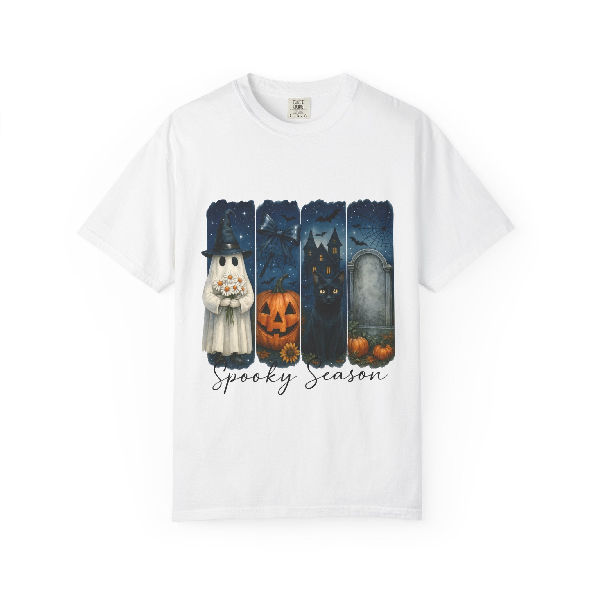Spooky Season Halloween T-Shirt – Ghost, Black Cat, Pumpkin & Haunted House Design