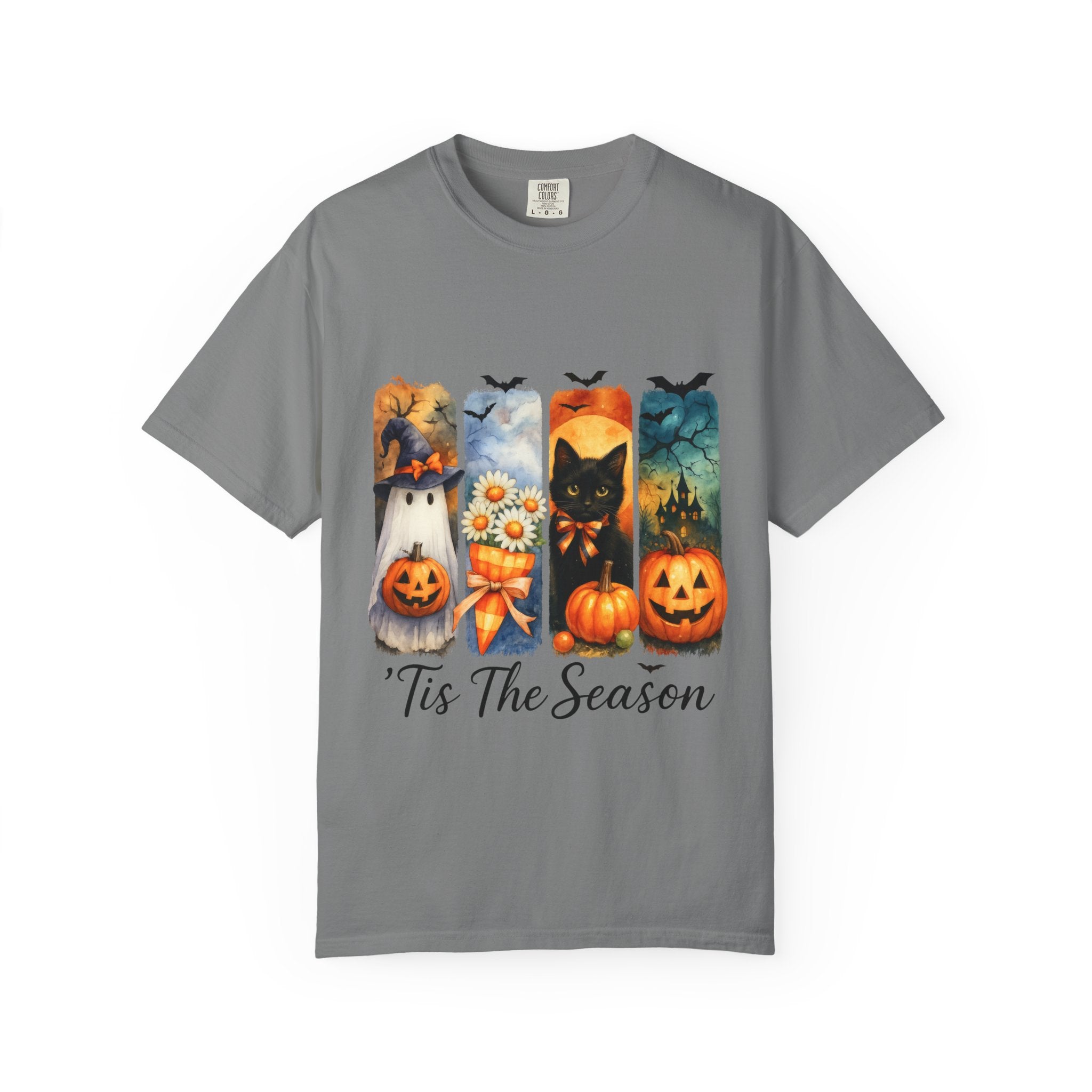 Whimsical Halloween T-Shirt – Ghost, Black Cat, Pumpkins & Haunted House Design