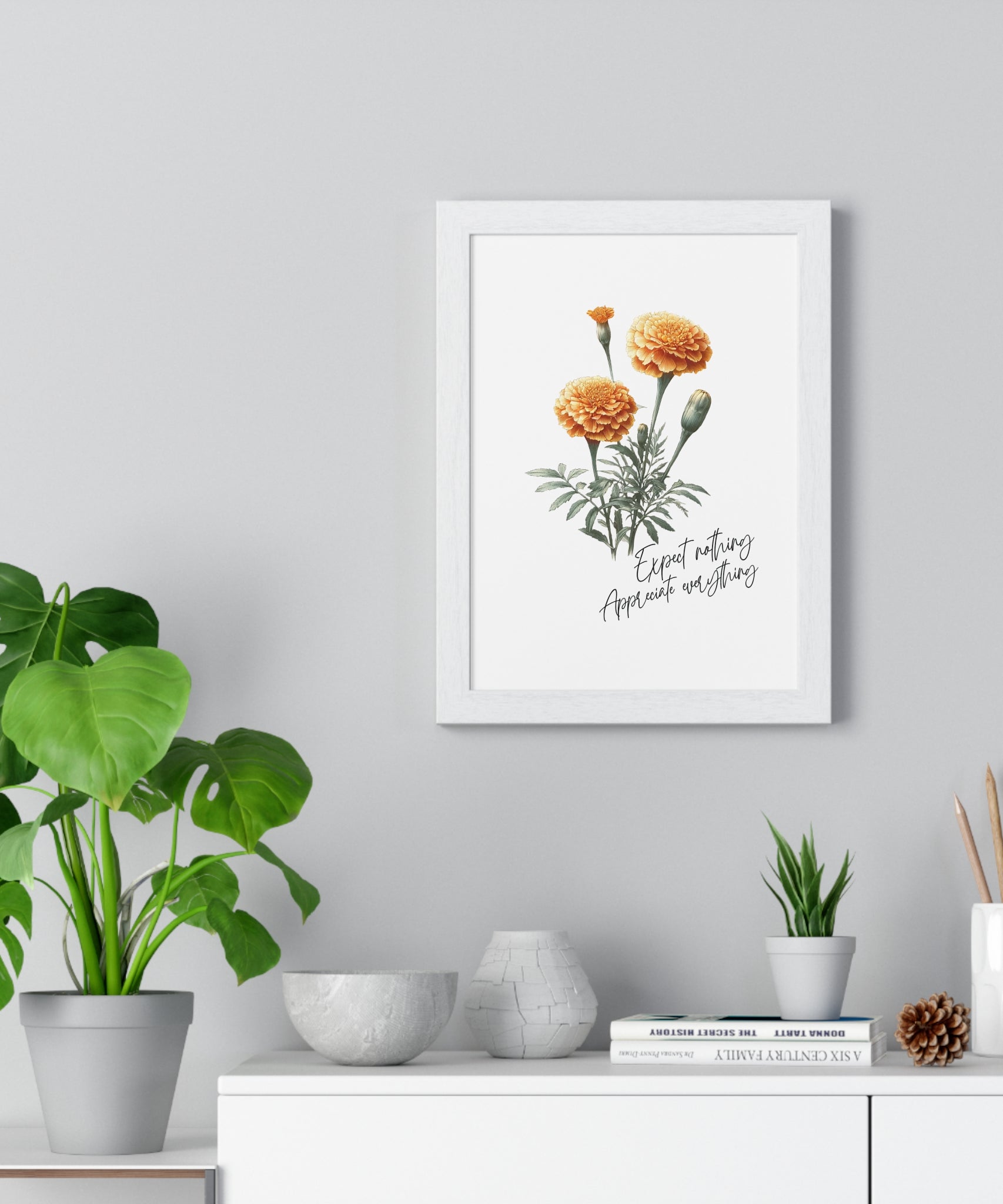 October Birth Month Flower Wall Art – Marigold Illustration with Inspirational Quote in Wooden Frame