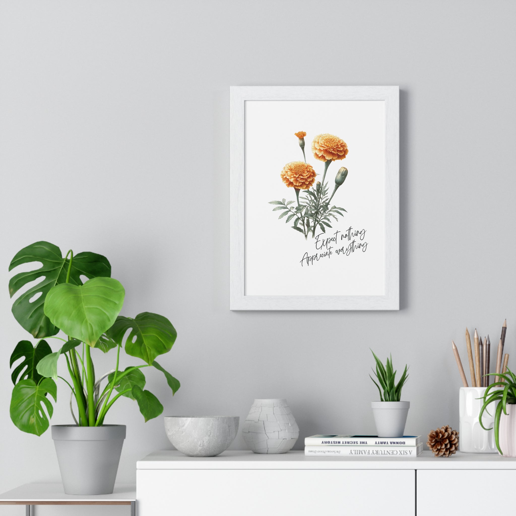 October Birth Month Flower Wall Art – Marigold Illustration with Inspirational Quote in Wooden Frame
