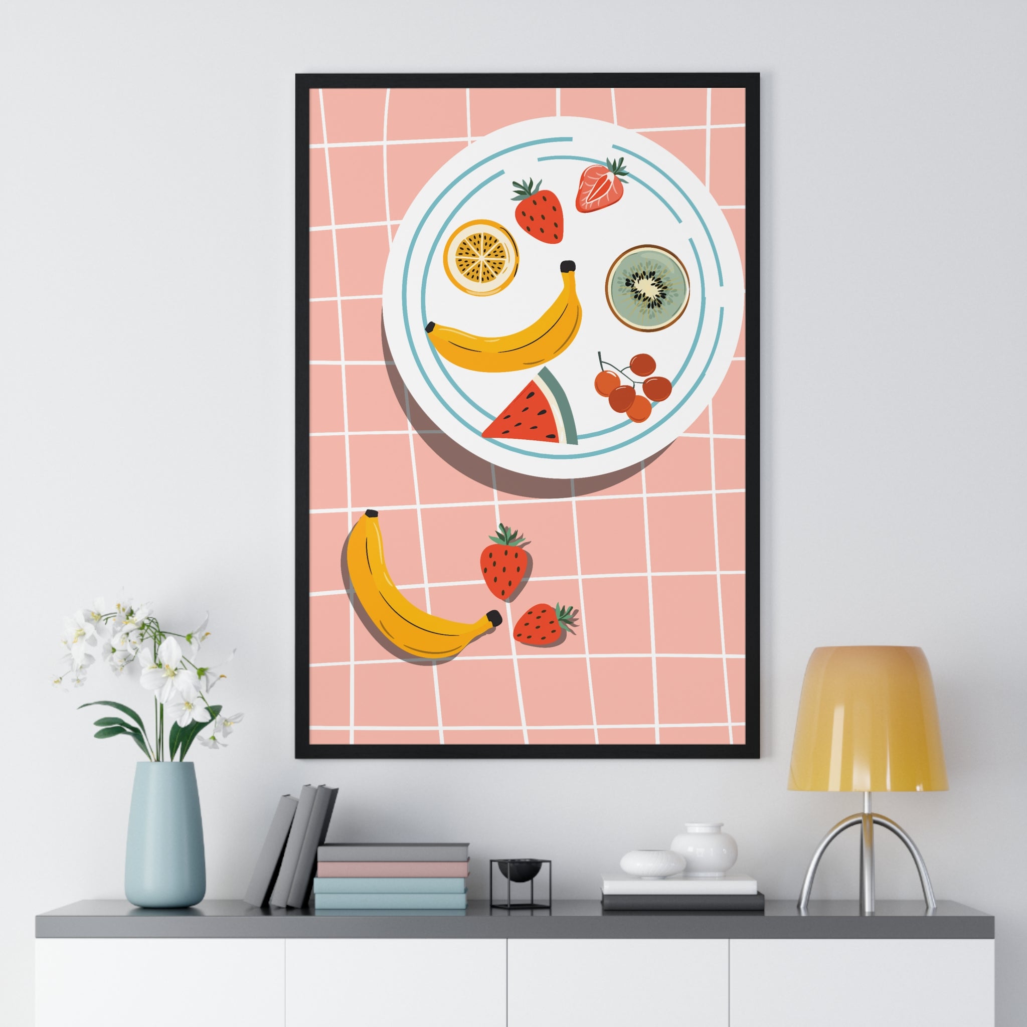 Colorful Fruit Plate Art with Bananas & Berries in Premium Frame