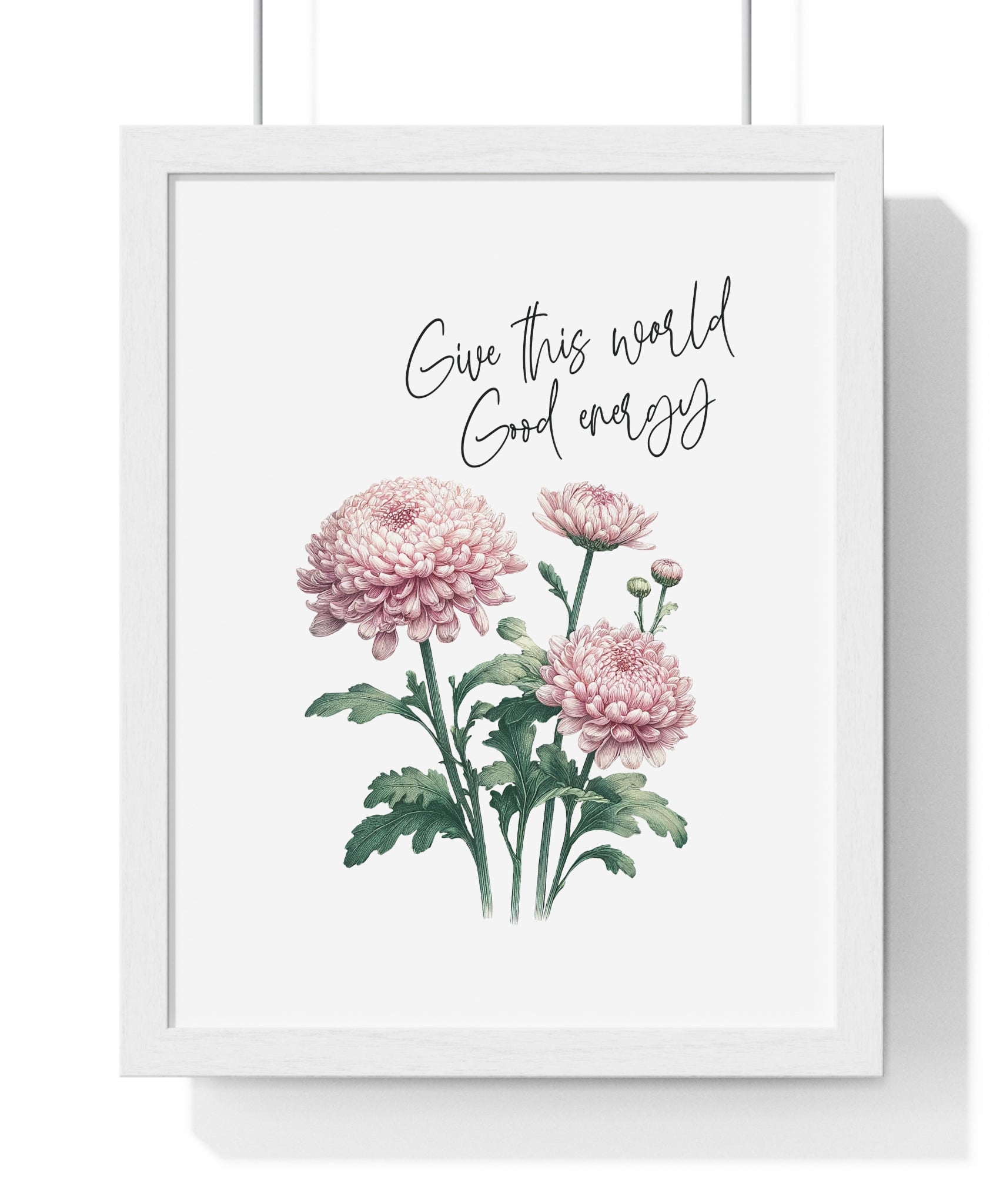 November Birth Month Flower Wall Art – Chrysanthemum Illustration with Inspirational Quote in Wooden Frame | Good Energy & Joy