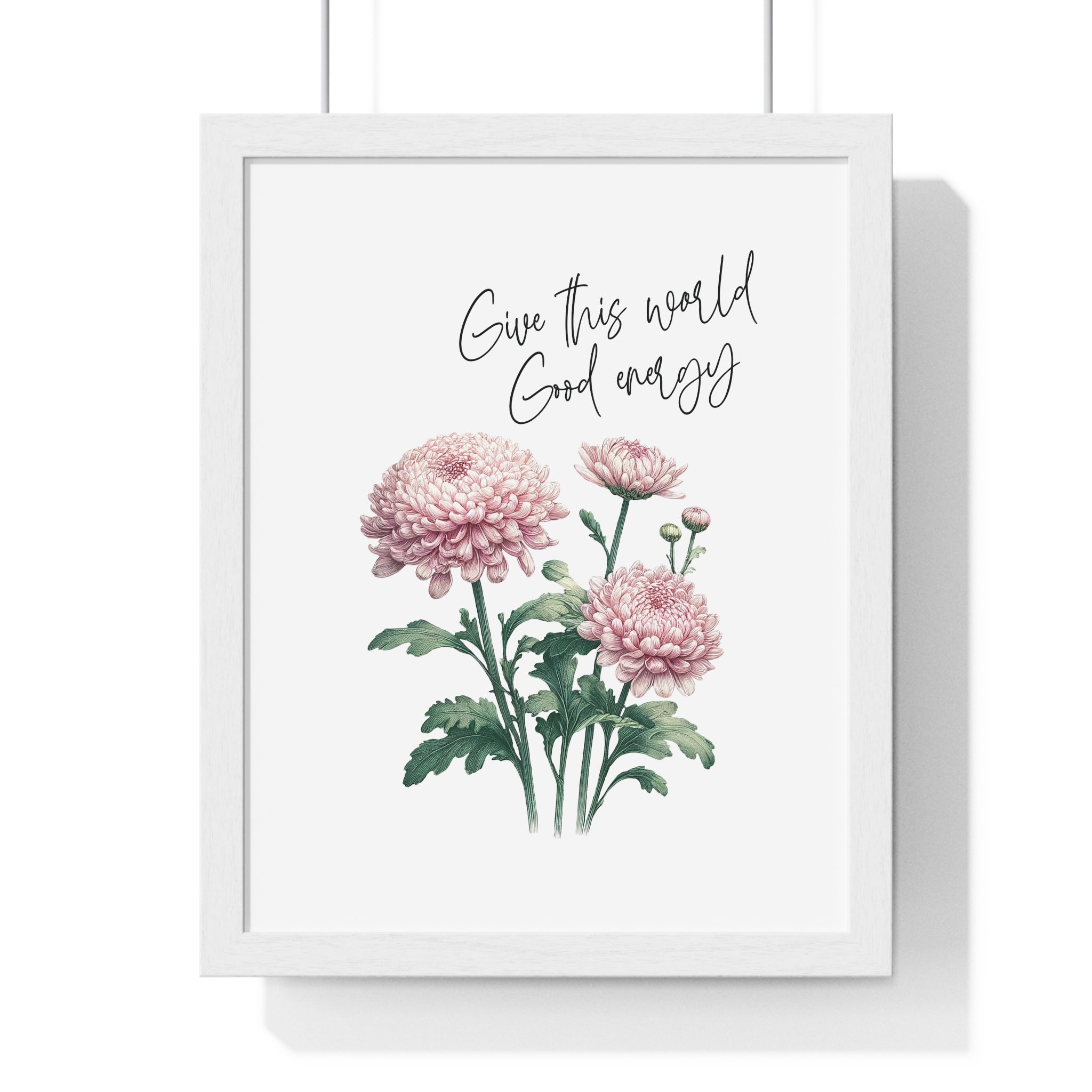 November Birth Month Flower Wall Art – Chrysanthemum Illustration with Inspirational Quote in Wooden Frame | Good Energy & Joy