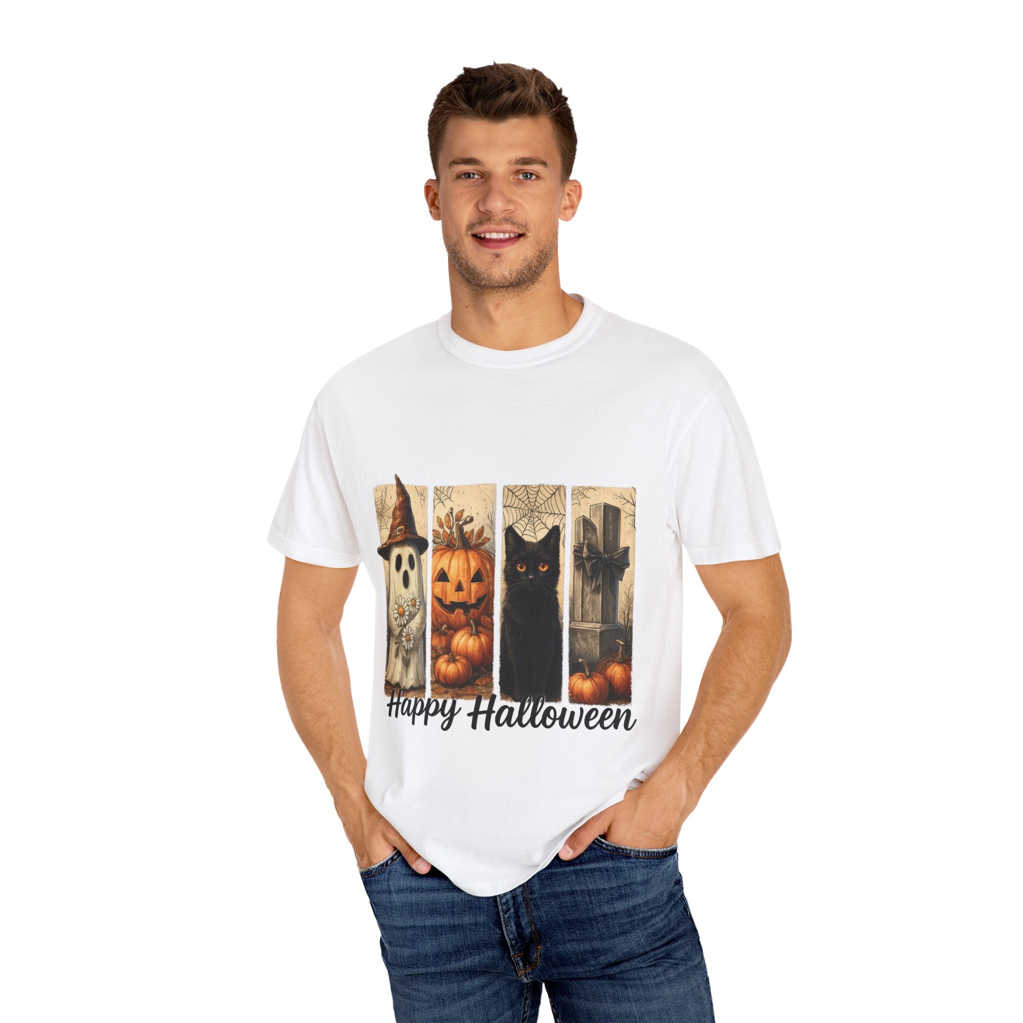 Happy Halloween Unisex T-Shirt – Ghost, Black Cat & Pumpkin Graphic Tee