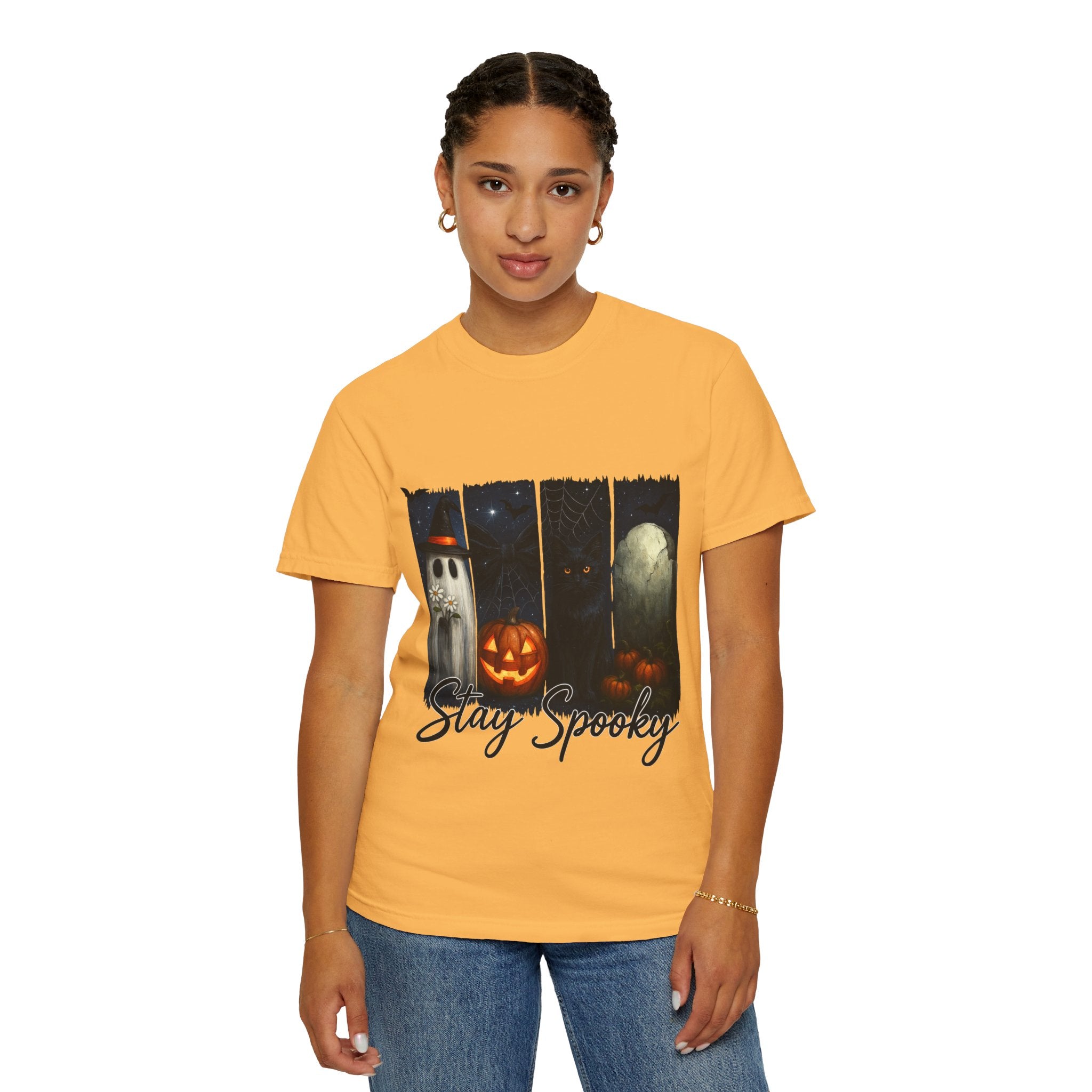 Stay Spooky Halloween T-Shirt – Cute Ghost, Black Cat, Pumpkin & Graveyard Design