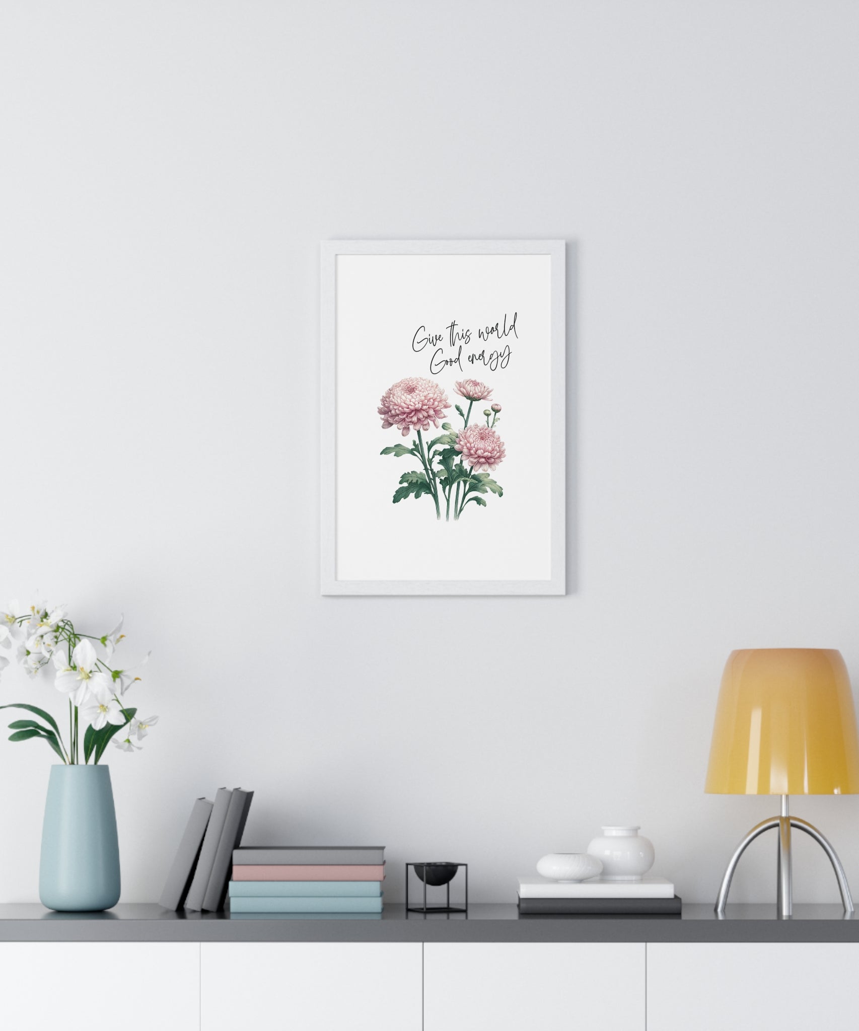 November Birth Month Flower Wall Art – Chrysanthemum Illustration with Inspirational Quote in Wooden Frame | Good Energy & Joy