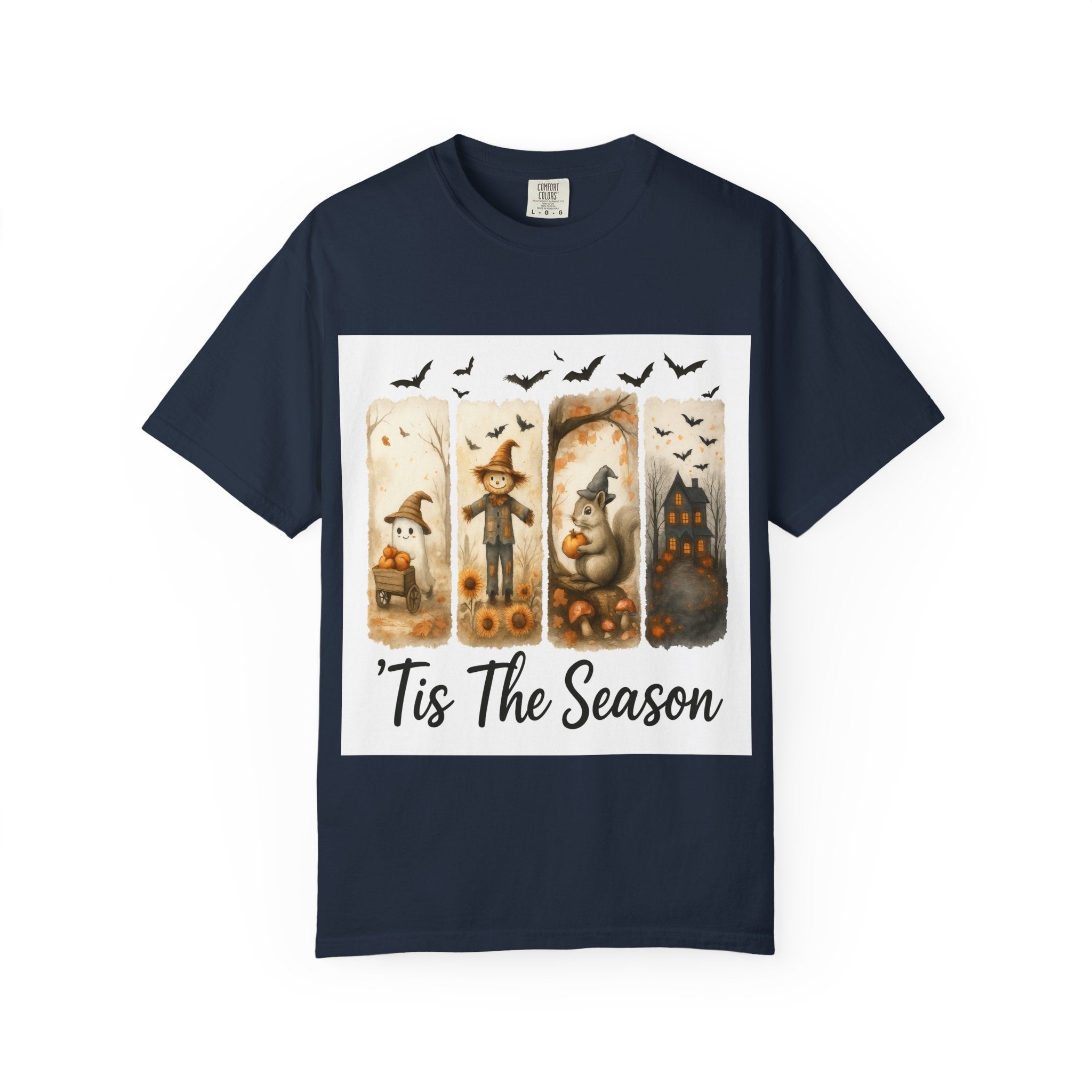 Tis The Season Fall Halloween T-Shirt – Cute Ghost, Scarecrow, Squirrel & Haunted House Design