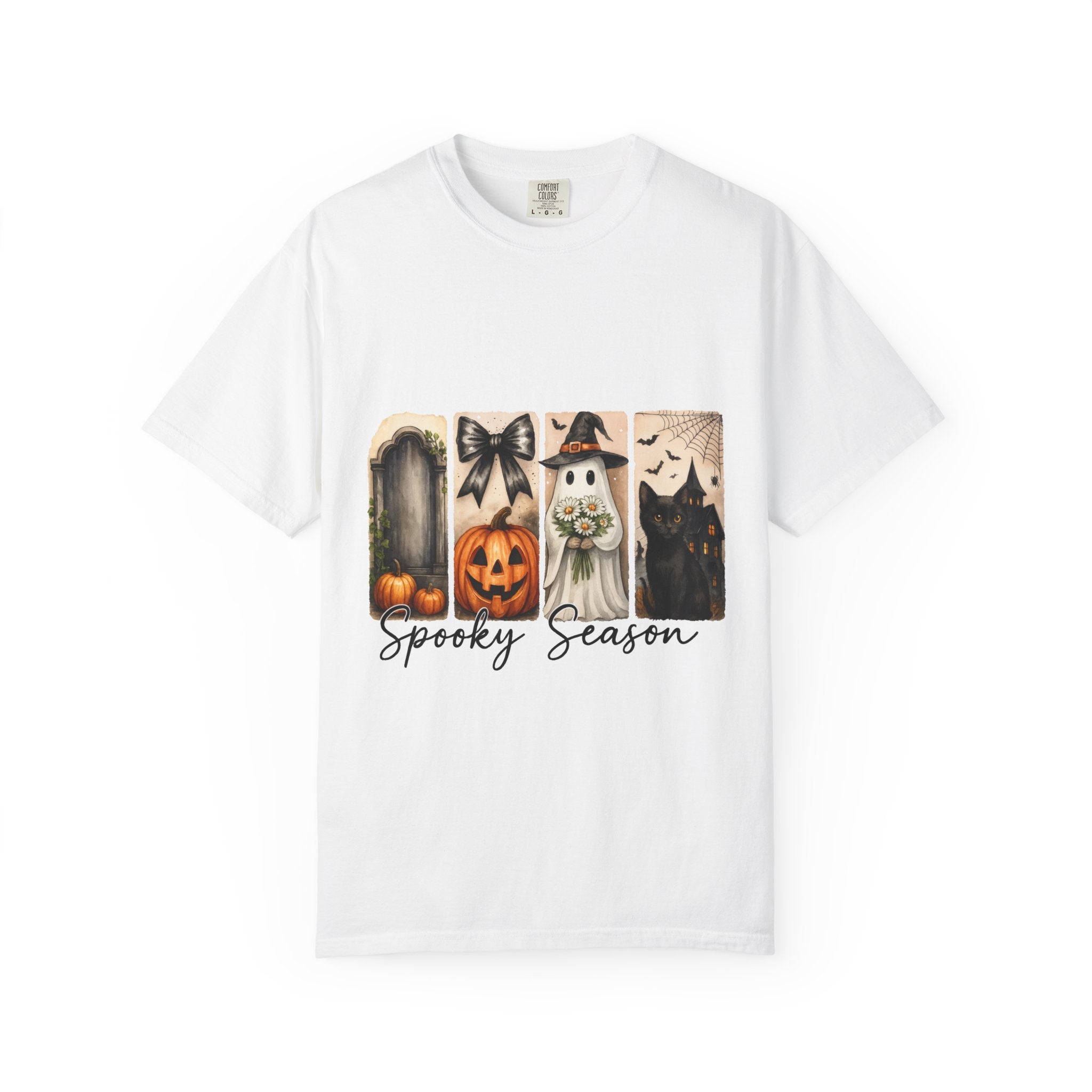 Spooky Season Unisex Halloween T-Shirt – Ghost, Black Cat, Pumpkin & Haunted House Art