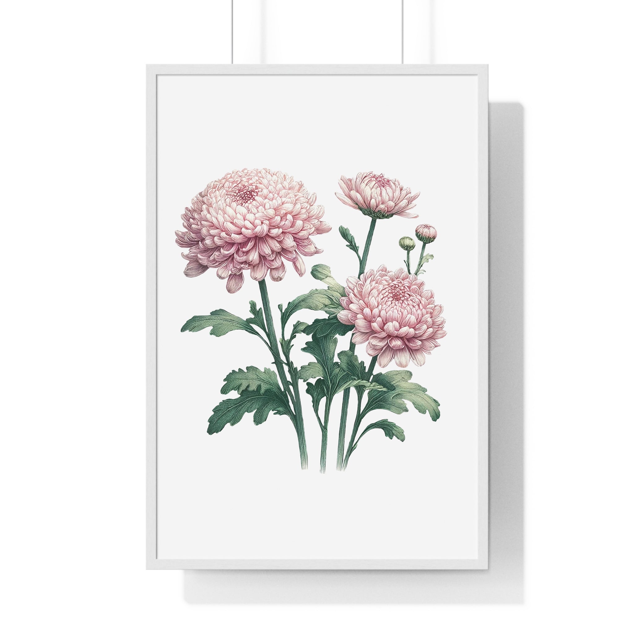 November Birth Month Flower Wall Art – Pink Chrysanthemum Illustration in Wooden Frame | Loyalty, Love & Joy