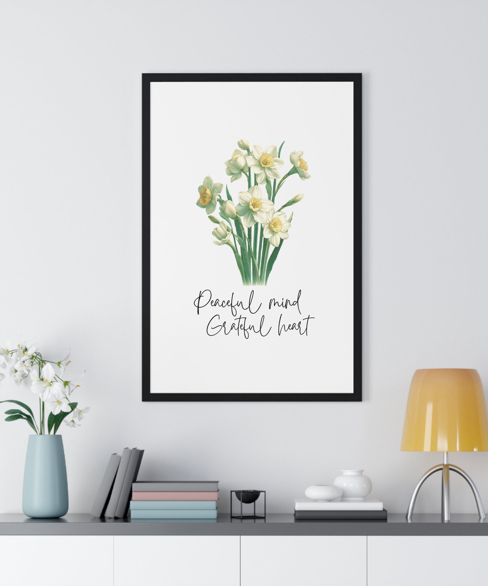 December Birth Month Flower Wall Art – Narcissus Illustration with Inspirational Quote in Wooden Frame | Peaceful Mind & Grateful Heart