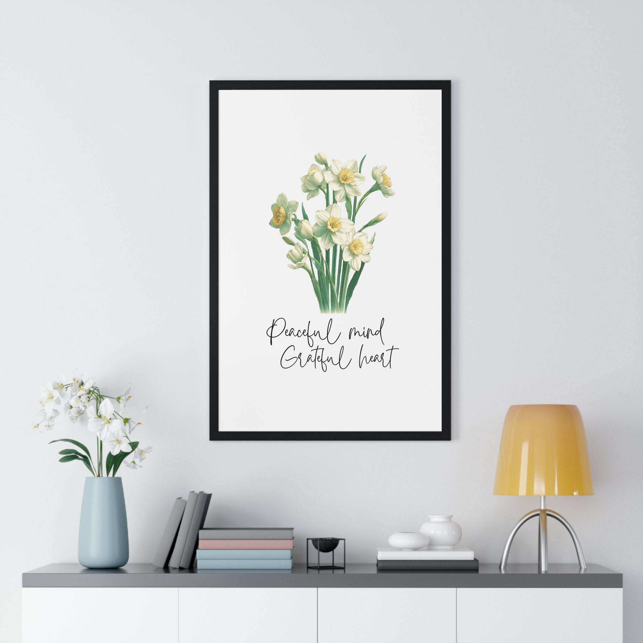 December Birth Month Flower Wall Art – Narcissus Illustration with Inspirational Quote in Wooden Frame | Peaceful Mind & Grateful Heart