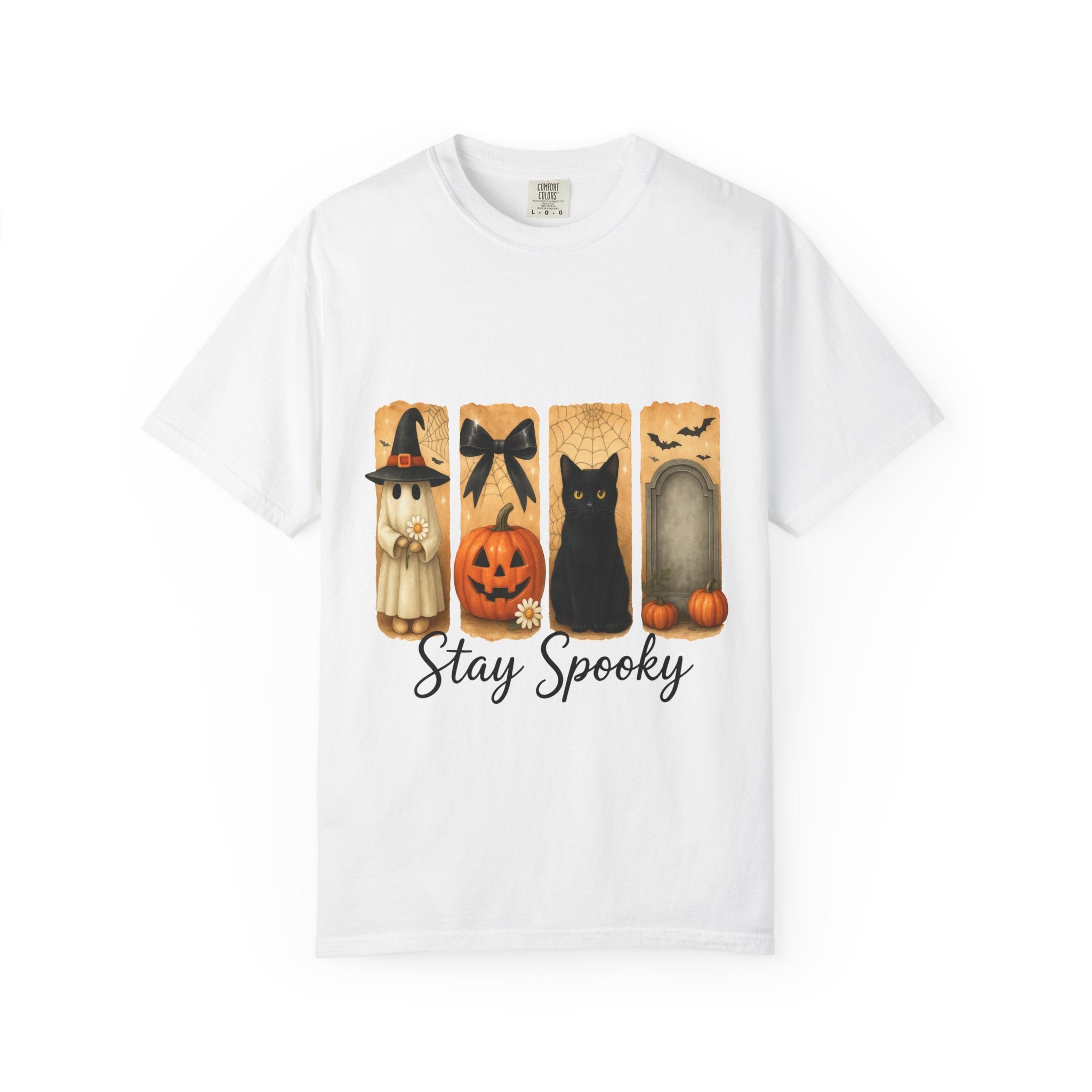 Cute Halloween T-Shirt – Ghost in Witch Hat, Pumpkin, Black Cat & Tombstone Design - Gallory Hive