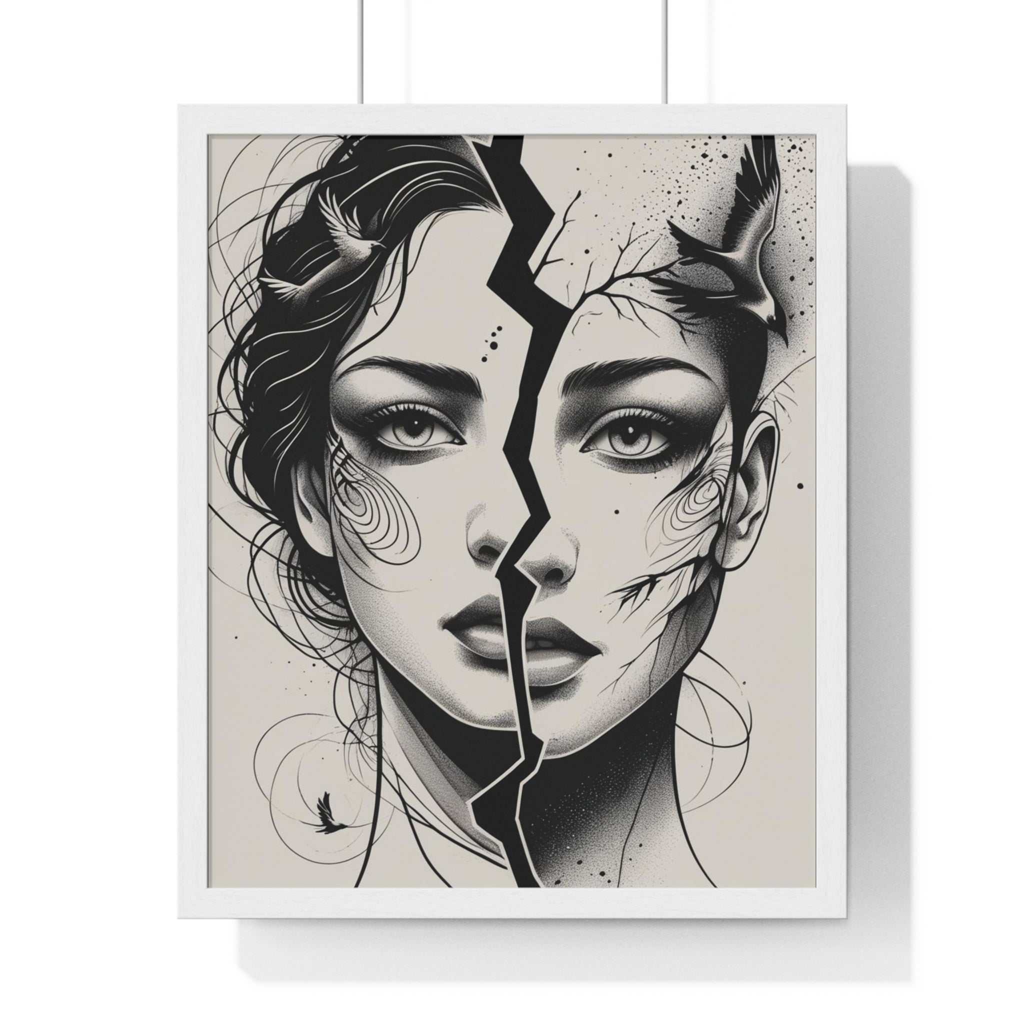 Vertical Framed Poster, Women Split Face Home Decor Art Modern Wall Unique Gift Inspirational Artwork, Wall Hanging Art Print