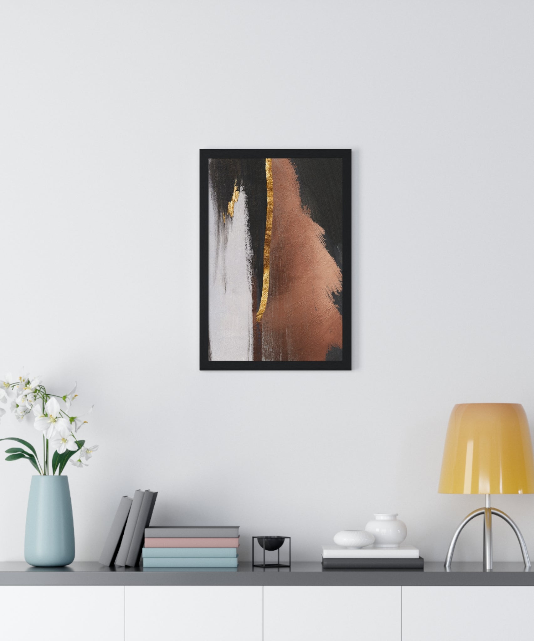 Modern Abstract Wall Art – Bold Black, Copper & Gold Textured Poster on Wooden Frame – Luxury Canvas Print for Home or Office