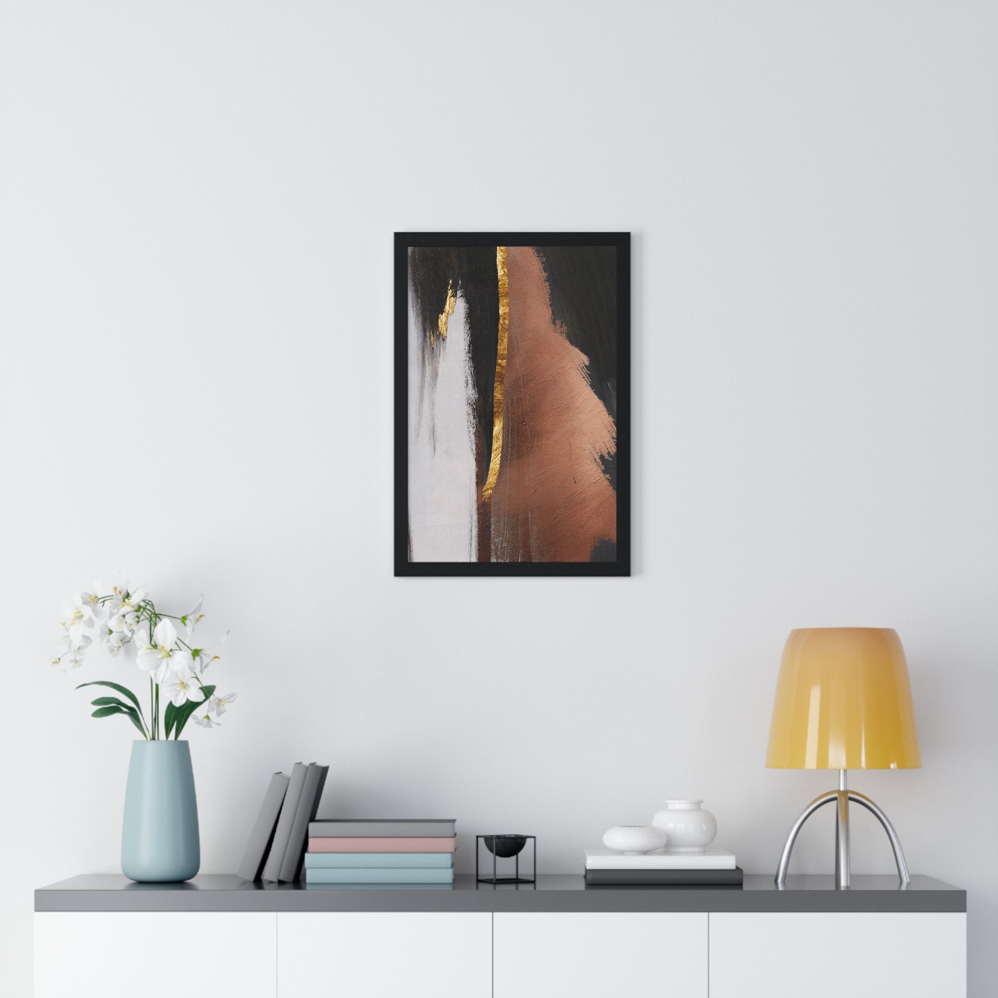 Modern Abstract Wall Art – Bold Black, Copper & Gold Textured Poster on Wooden Frame – Luxury Canvas Print for Home or Office