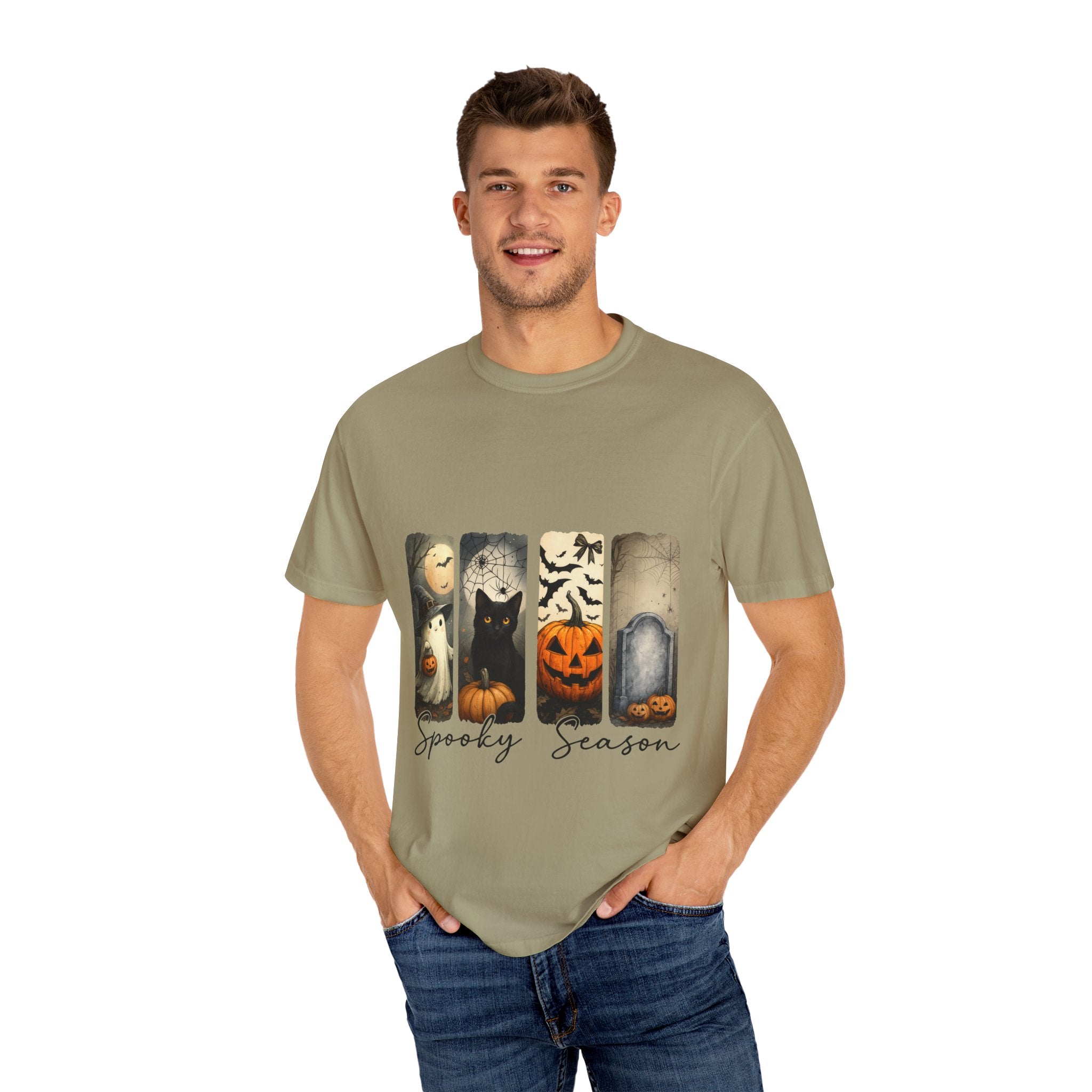 Halloween Night Unisex T-Shirt – Ghost, Black Cat, Pumpkin & Tombstone Vintage Art