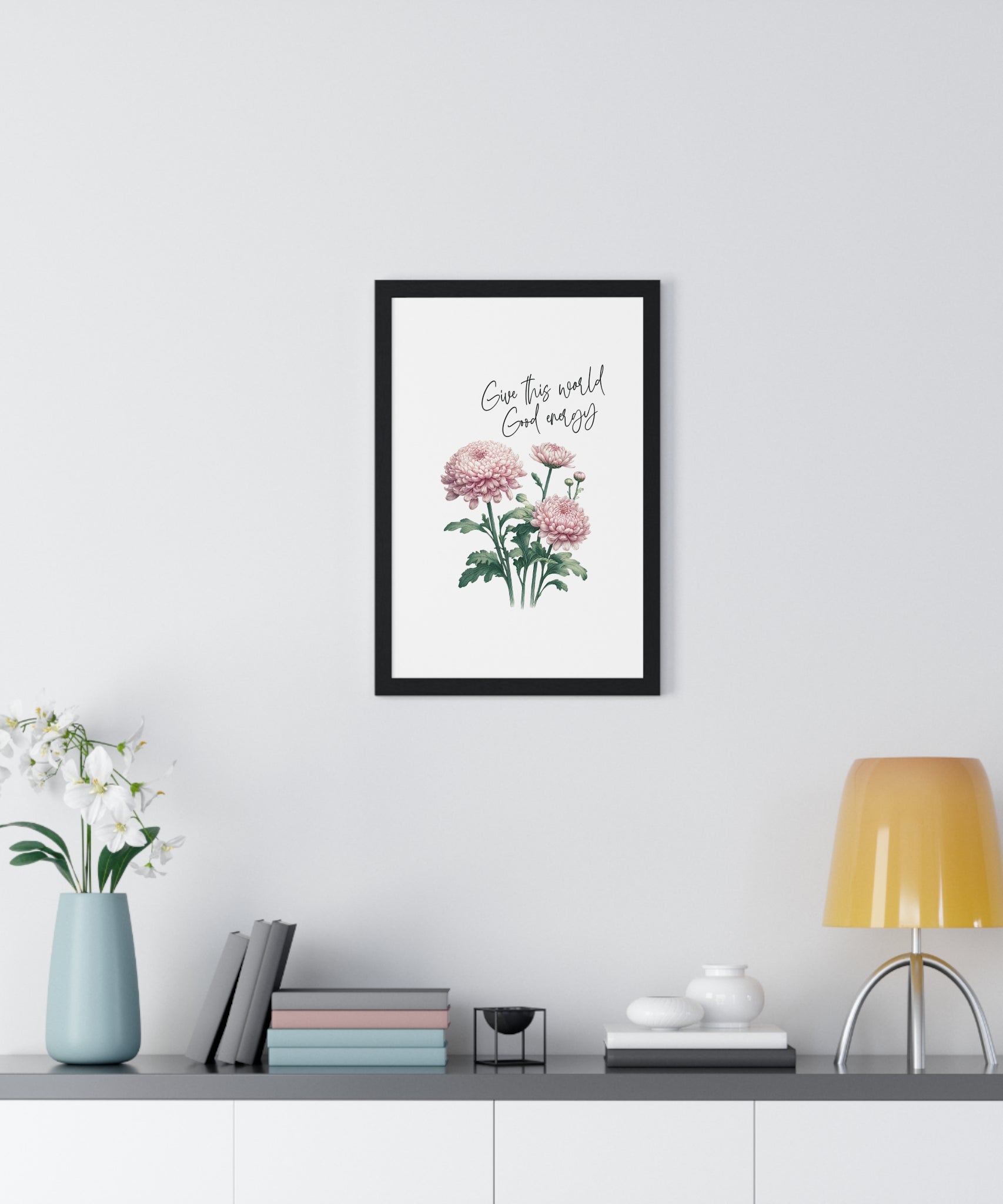 November Birth Month Flower Wall Art – Chrysanthemum Illustration with Inspirational Quote in Wooden Frame | Good Energy & Joy