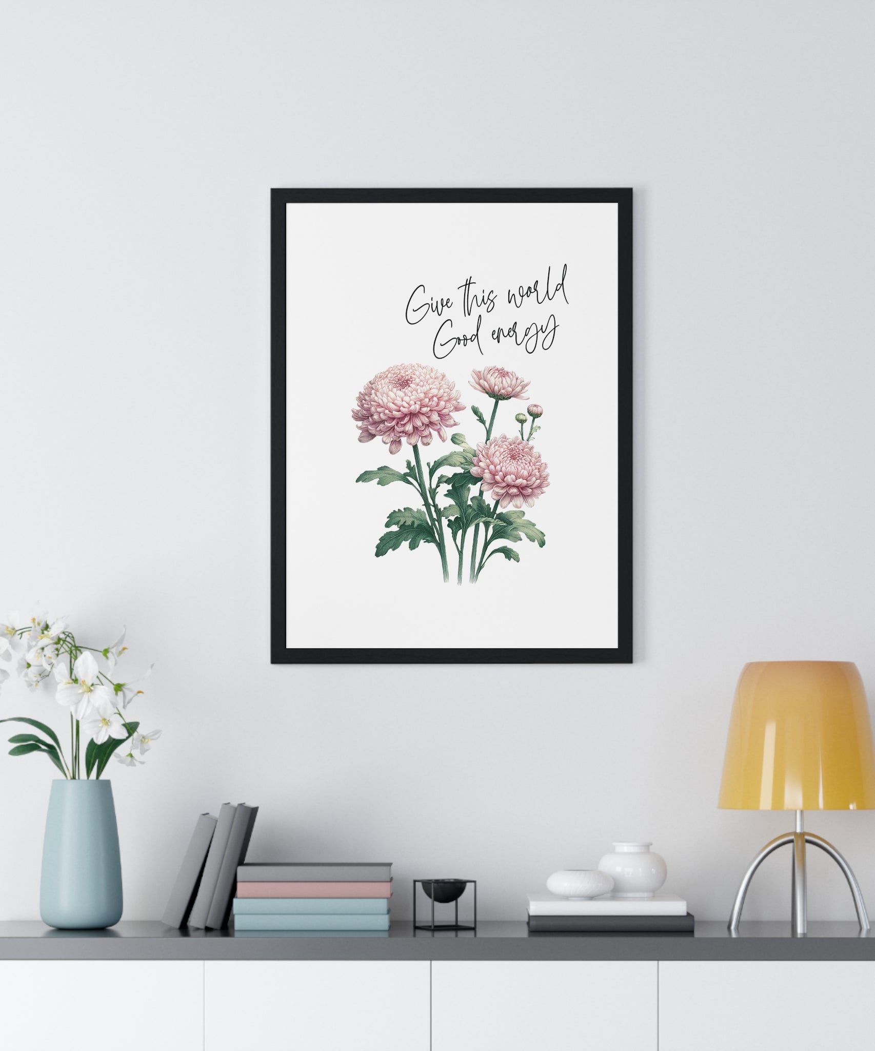 November Birth Month Flower Wall Art – Chrysanthemum Illustration with Inspirational Quote in Wooden Frame | Good Energy & Joy