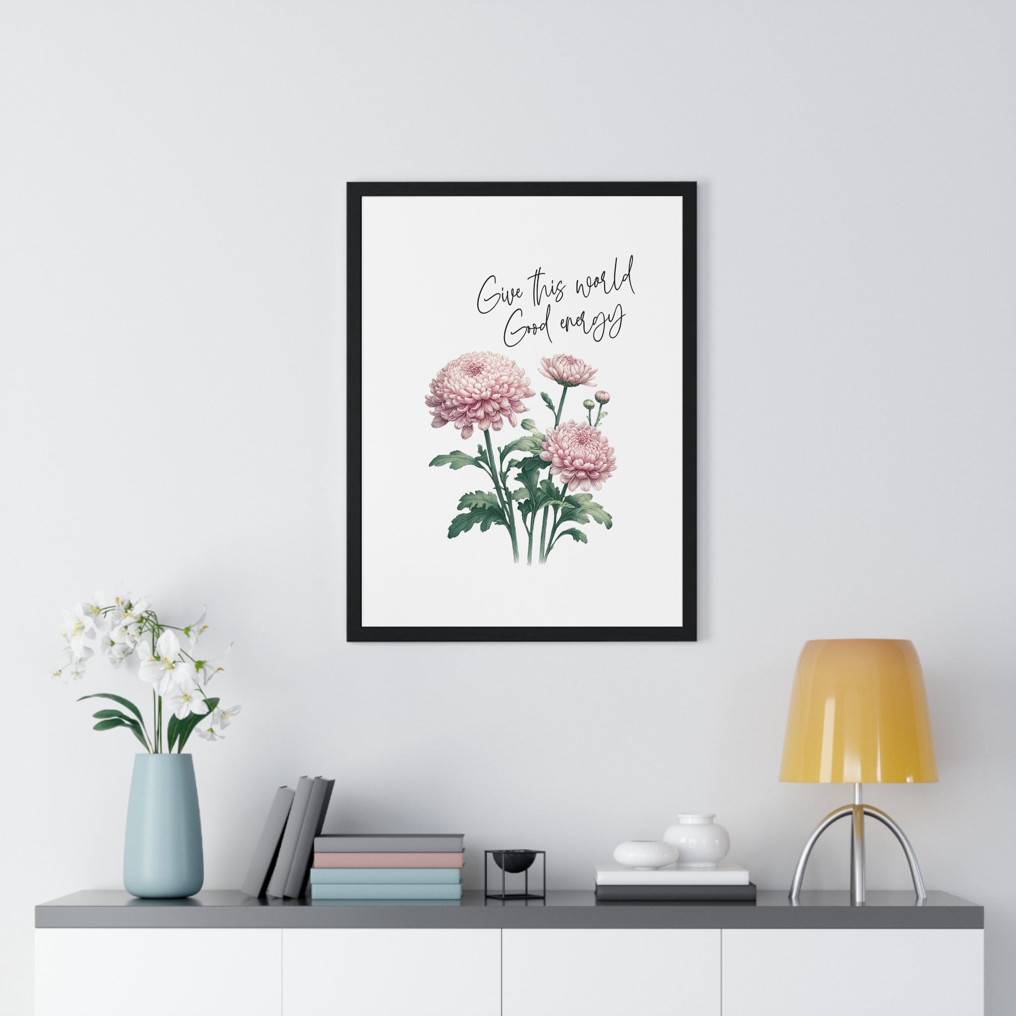 November Birth Month Flower Wall Art – Chrysanthemum Illustration with Inspirational Quote in Wooden Frame | Good Energy & Joy