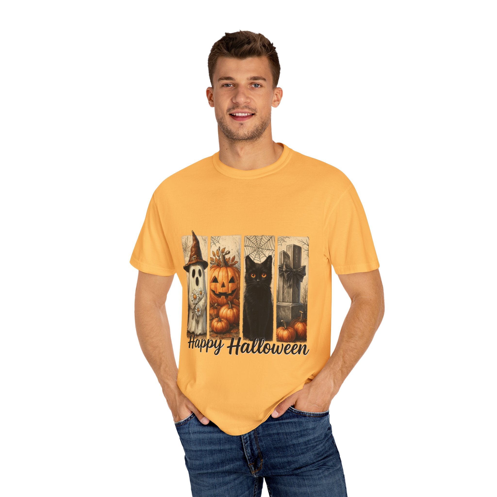 Happy Halloween Unisex T-Shirt – Ghost, Black Cat & Pumpkin Graphic Tee