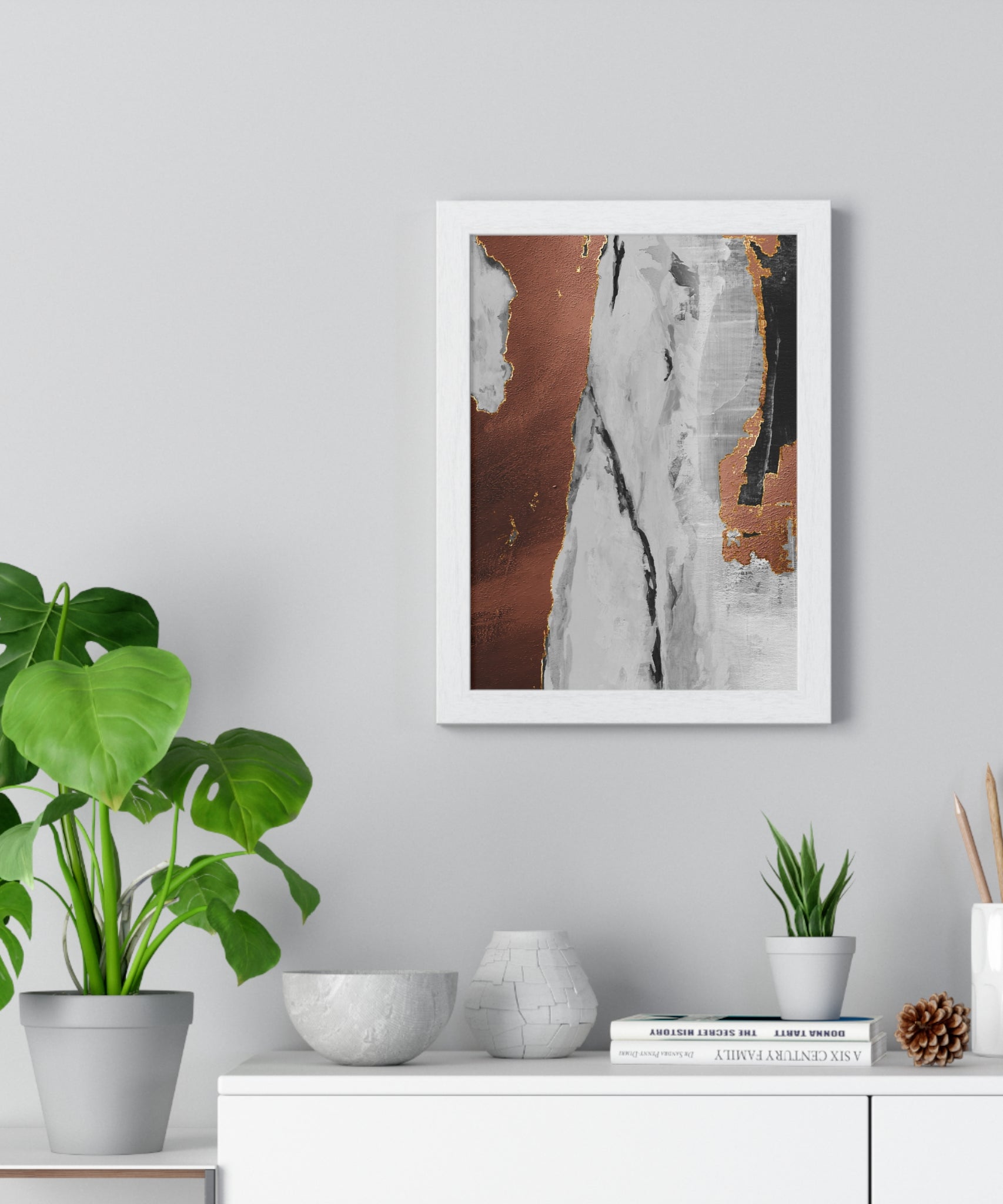 Luxury Abstract Wall Art Poster – Metallic Copper & Marble Texture on Wooden Frame – Modern Home Décor
