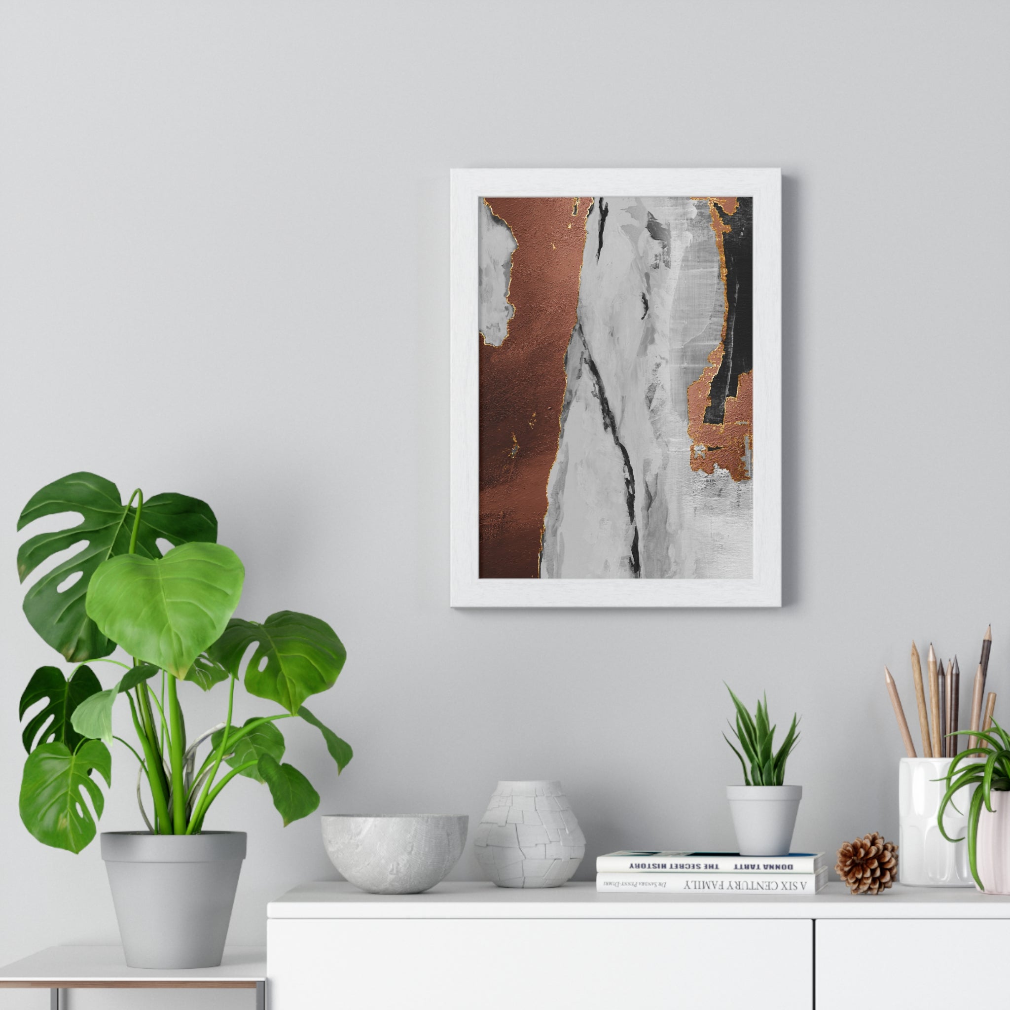 Luxury Abstract Wall Art Poster – Metallic Copper & Marble Texture on Wooden Frame – Modern Home Décor