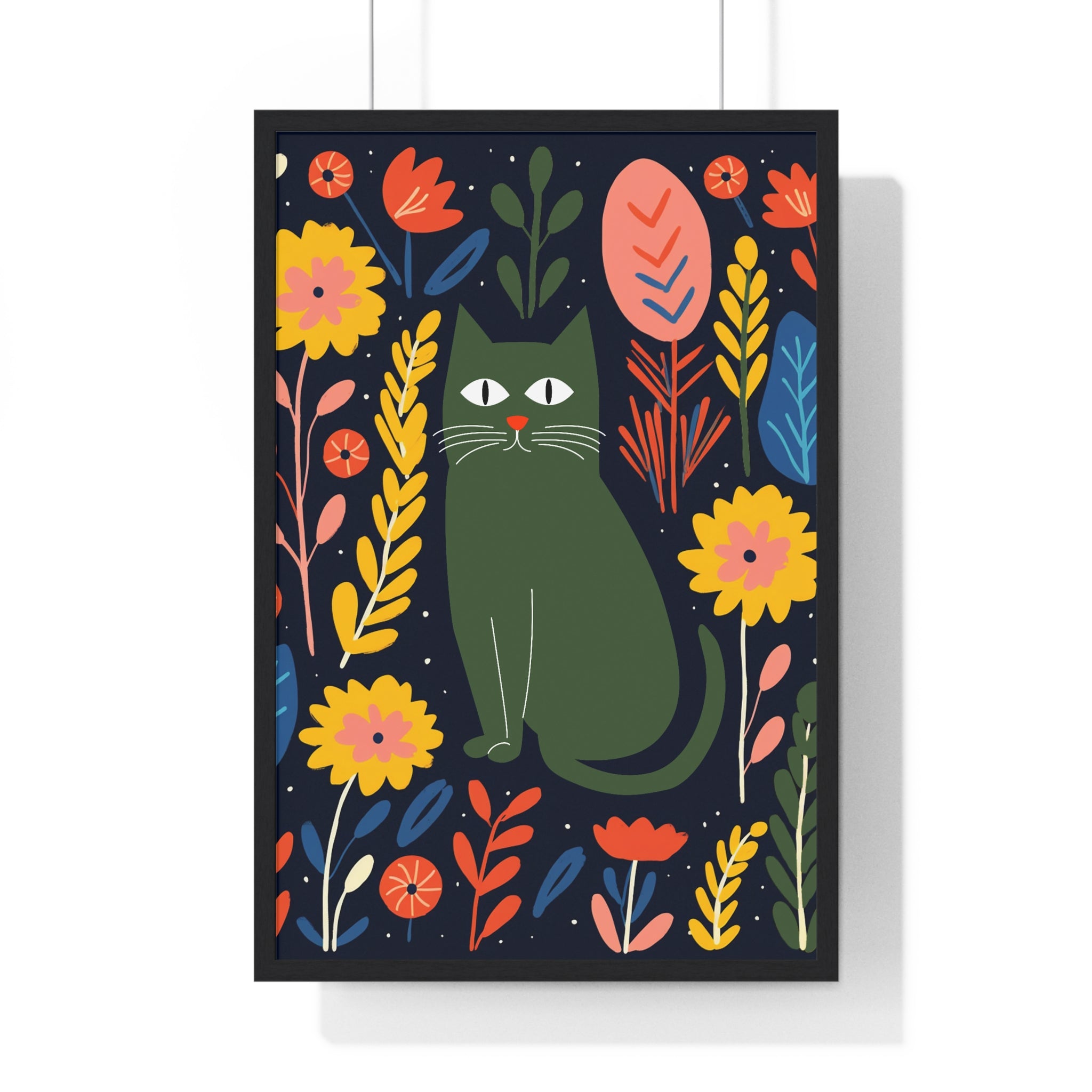 Green Cat & Floral Art – Premium Wooden Framed Poster with Bold Botanical Design