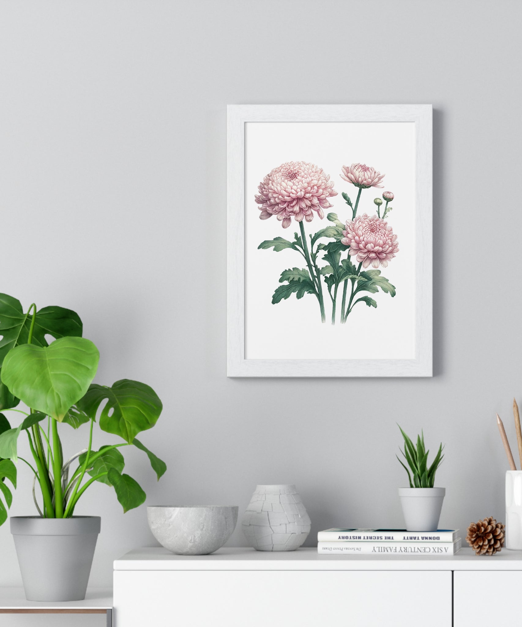 November Birth Month Flower Wall Art – Pink Chrysanthemum Illustration in Wooden Frame | Loyalty, Love & Joy