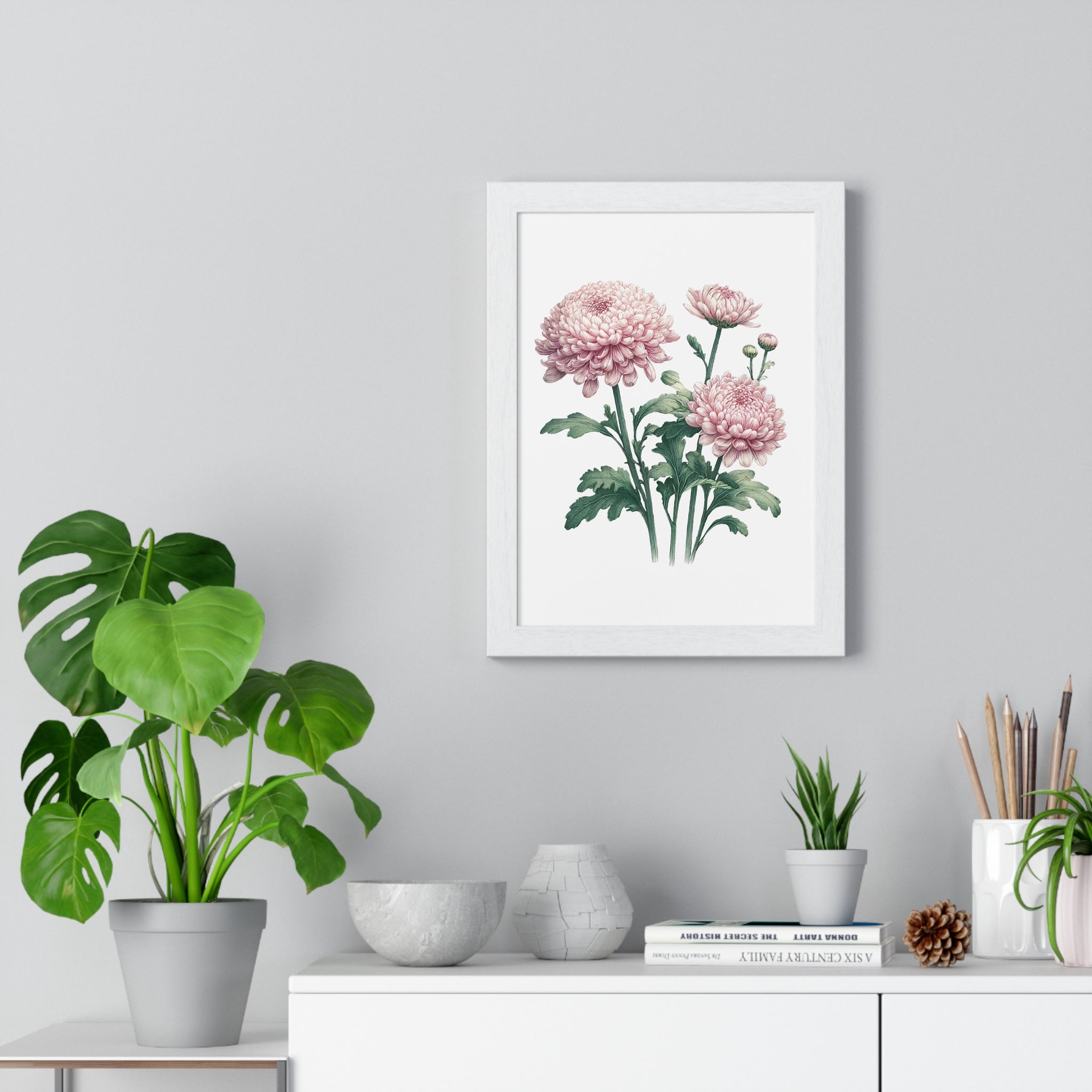 November Birth Month Flower Wall Art – Pink Chrysanthemum Illustration in Wooden Frame | Loyalty, Love & Joy