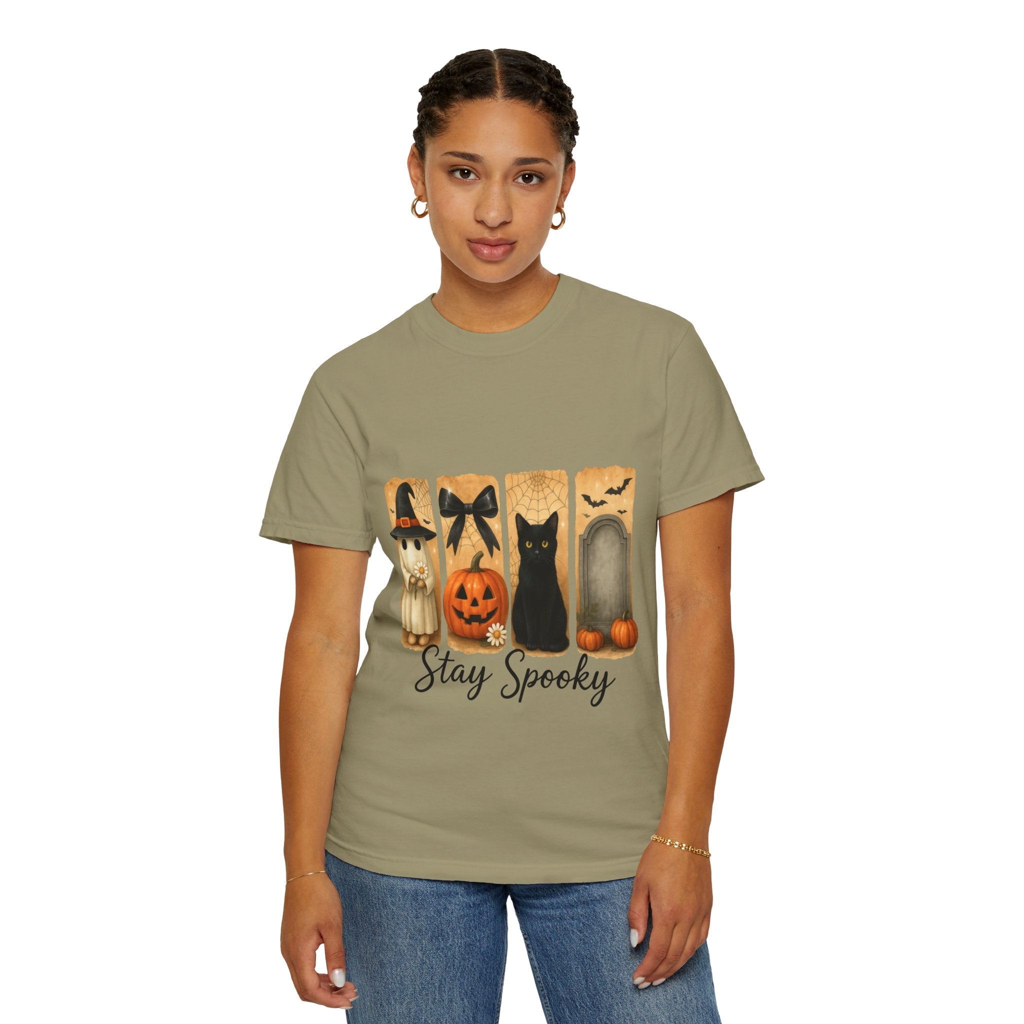 Cute Halloween T-Shirt – Ghost in Witch Hat, Pumpkin, Black Cat & Tombstone Design