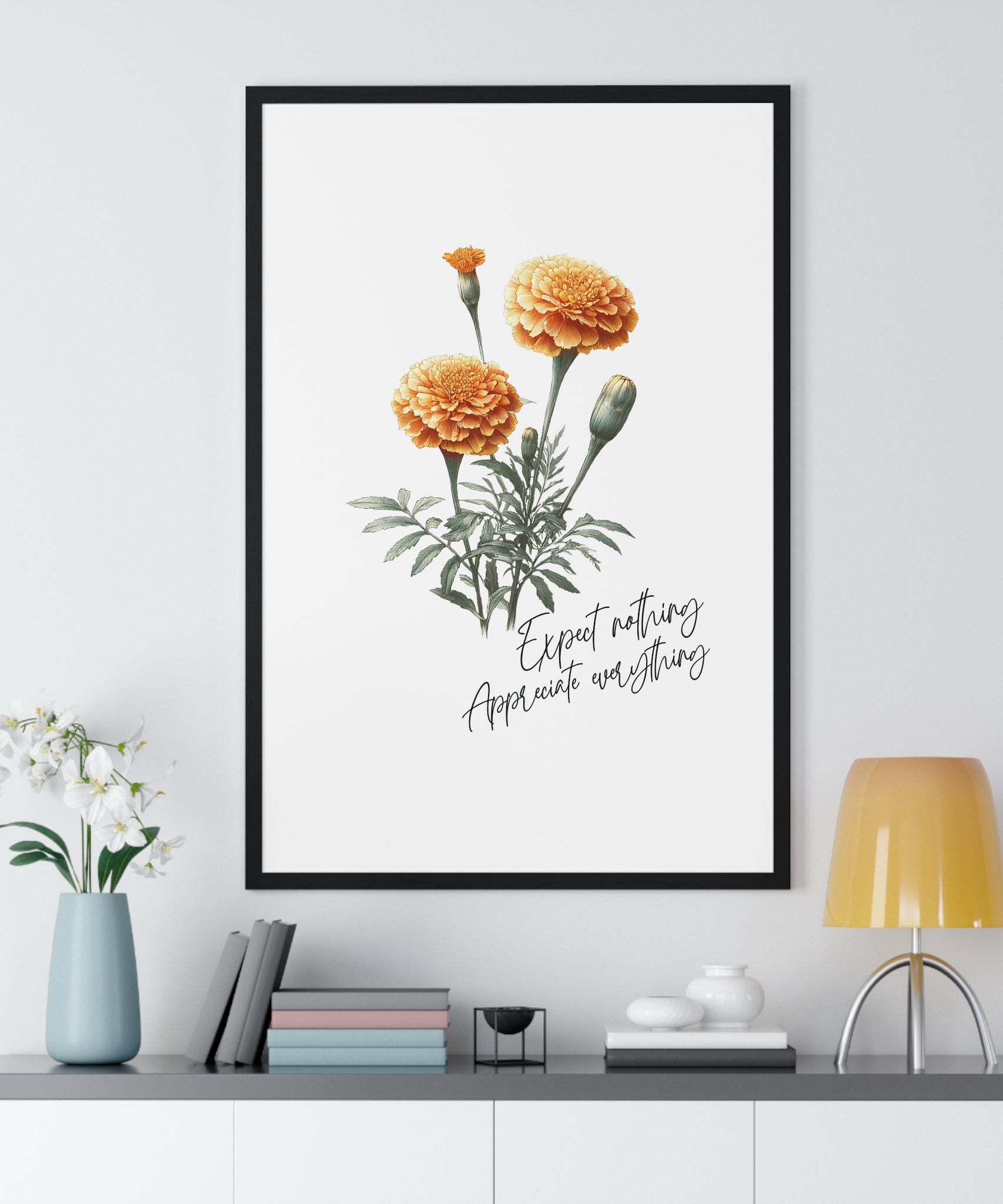 October Birth Month Flower Wall Art – Marigold Illustration with Inspirational Quote in Wooden Frame