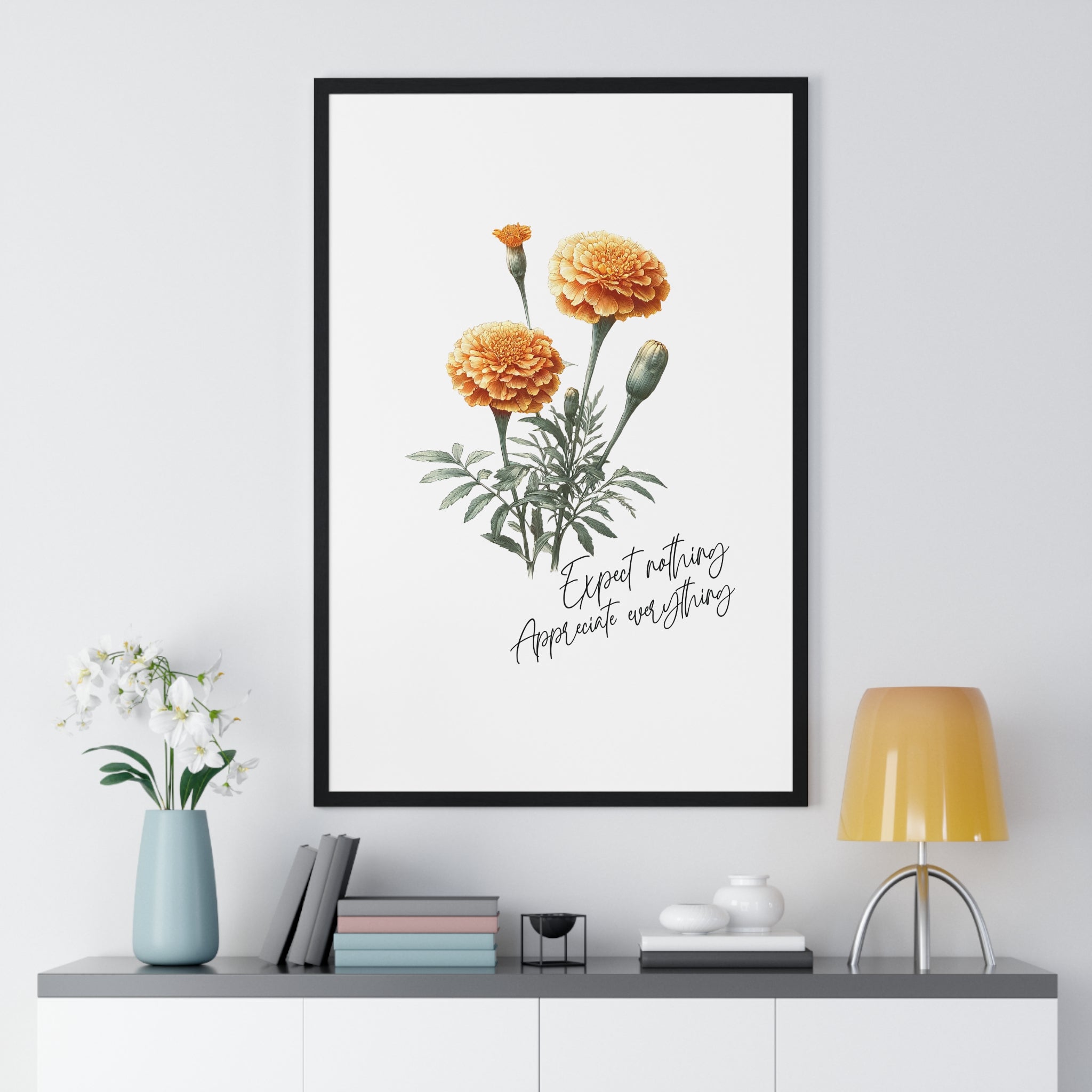 October Birth Month Flower Wall Art – Marigold Illustration with Inspirational Quote in Wooden Frame