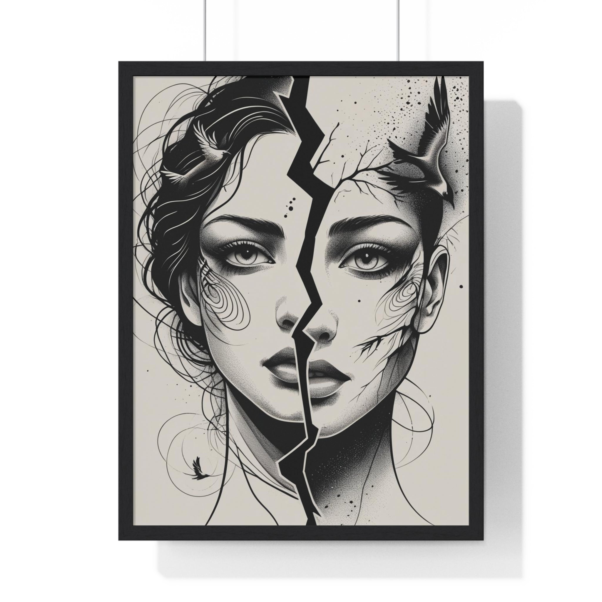 Vertical Framed Poster, Women Split Face Home Decor Art Modern Wall Unique Gift Inspirational Artwork, Wall Hanging Art Print