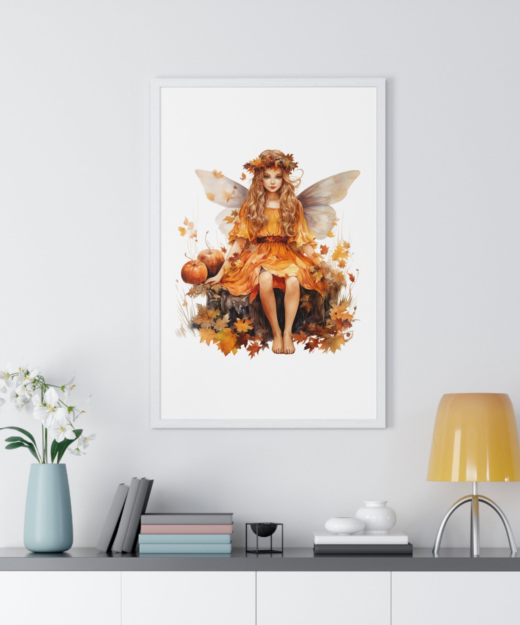 Fall Fairy Wall Art – Orange Dress Woodland Fairy with Pumpkins | Wooden Frame Poster for Autumn Home Decor