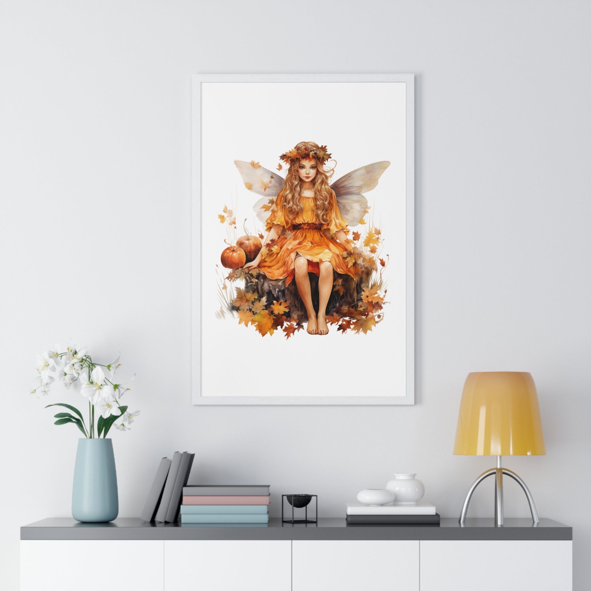 Fall Fairy Wall Art – Orange Dress Woodland Fairy with Pumpkins | Wooden Frame Poster for Autumn Home Decor