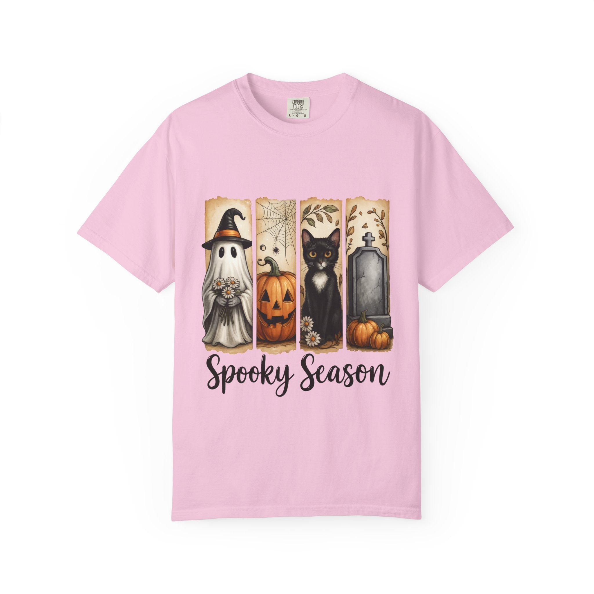 Spooky Season Halloween Unisex T-Shirt – Ghost, Cat & Pumpkin Design
