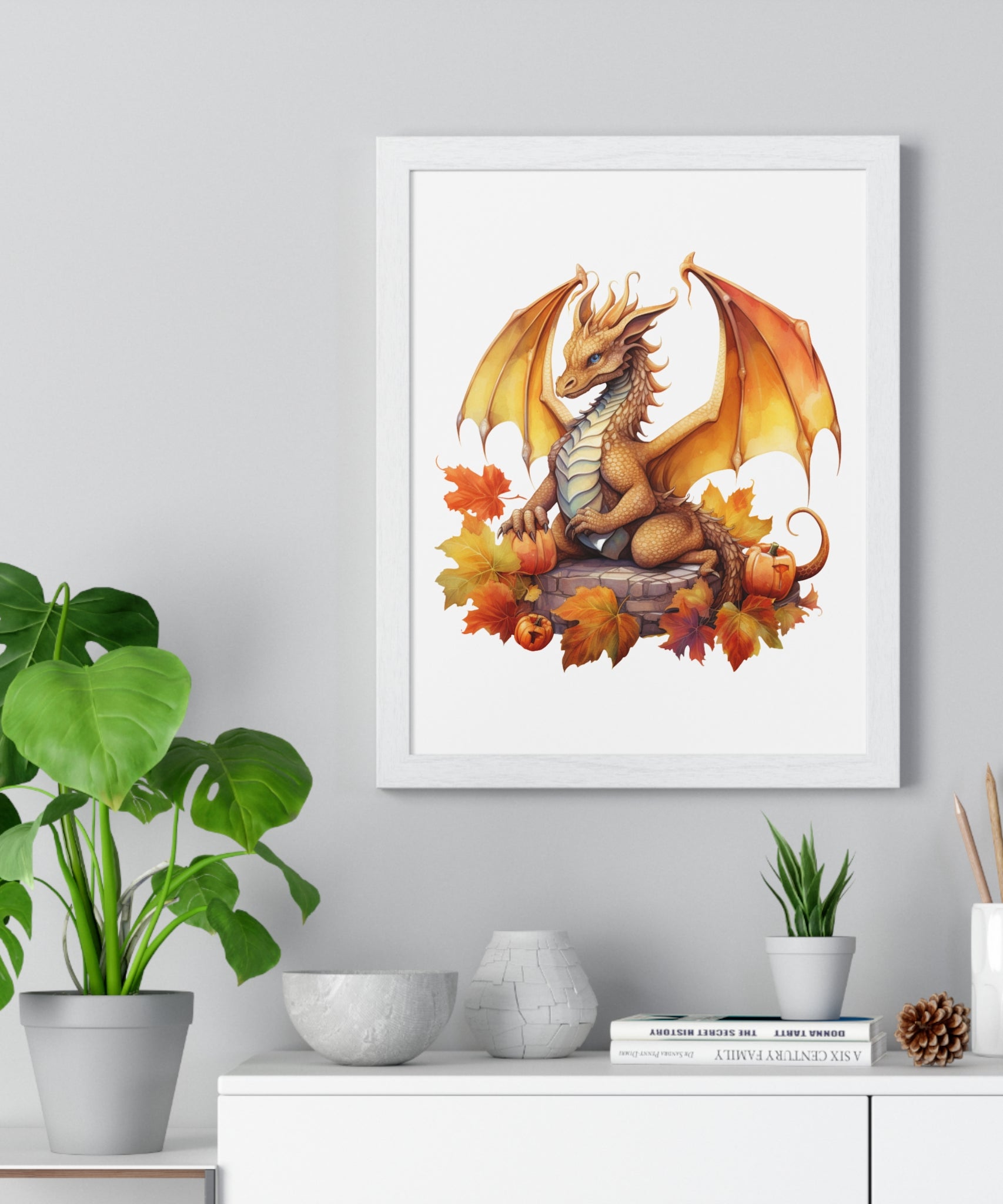 Autumn Dragon Wall Art – Fantasy Fall Decor with Pumpkins