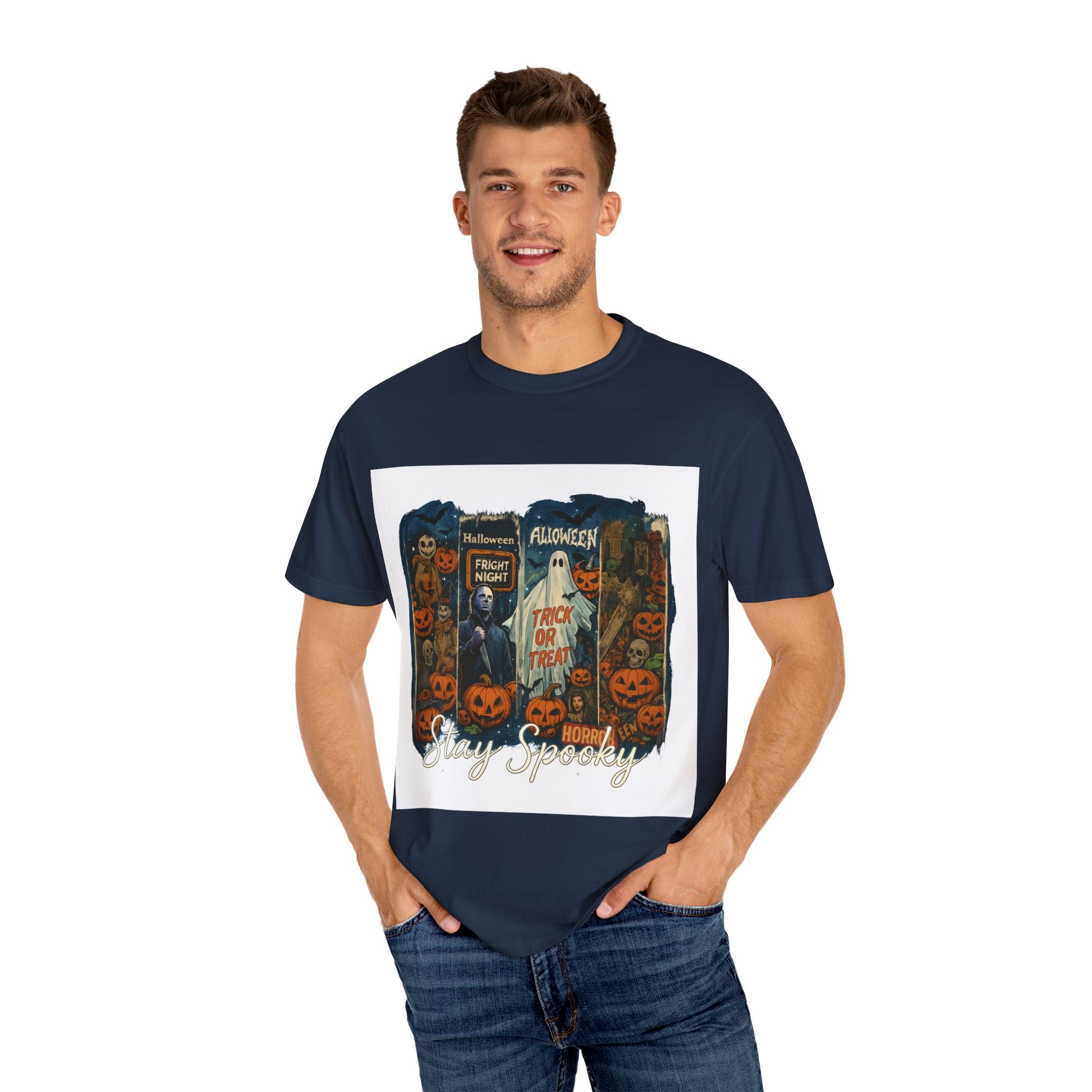 Stay Spooky Halloween Horror T-Shirt – Retro Slasher, Ghost, Pumpkins & Fright Night Design